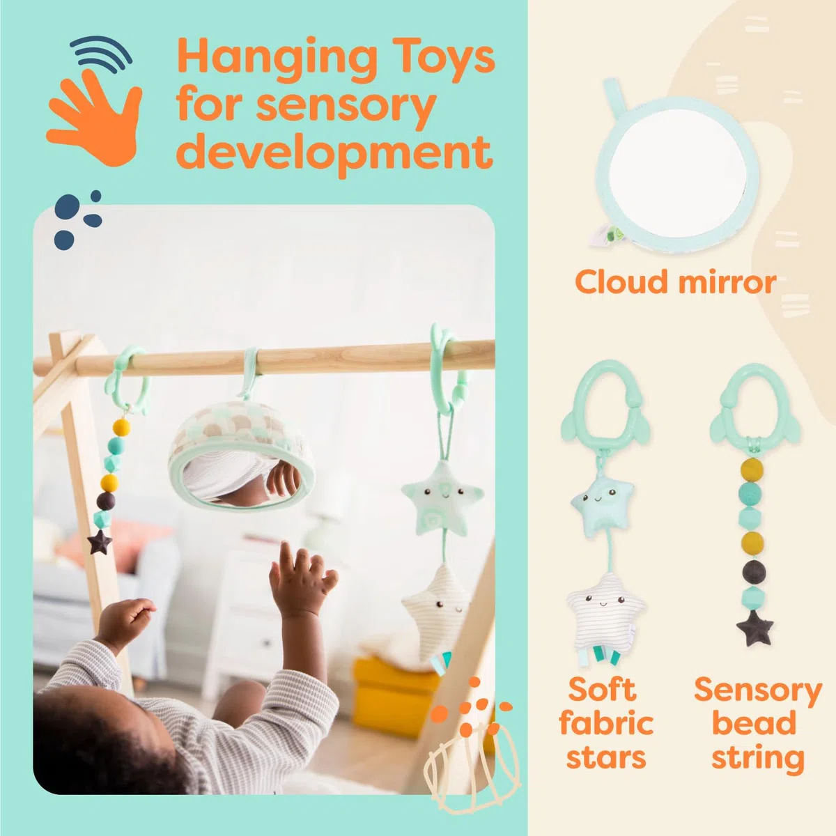 B. toys – Drewniany pałąk do zabawy dla niemowląt – mata aktywności – gwiaździste niebo – 3 wiszące zabawki sensoryczne – naturalne drewno – niemowlęta, dzieci