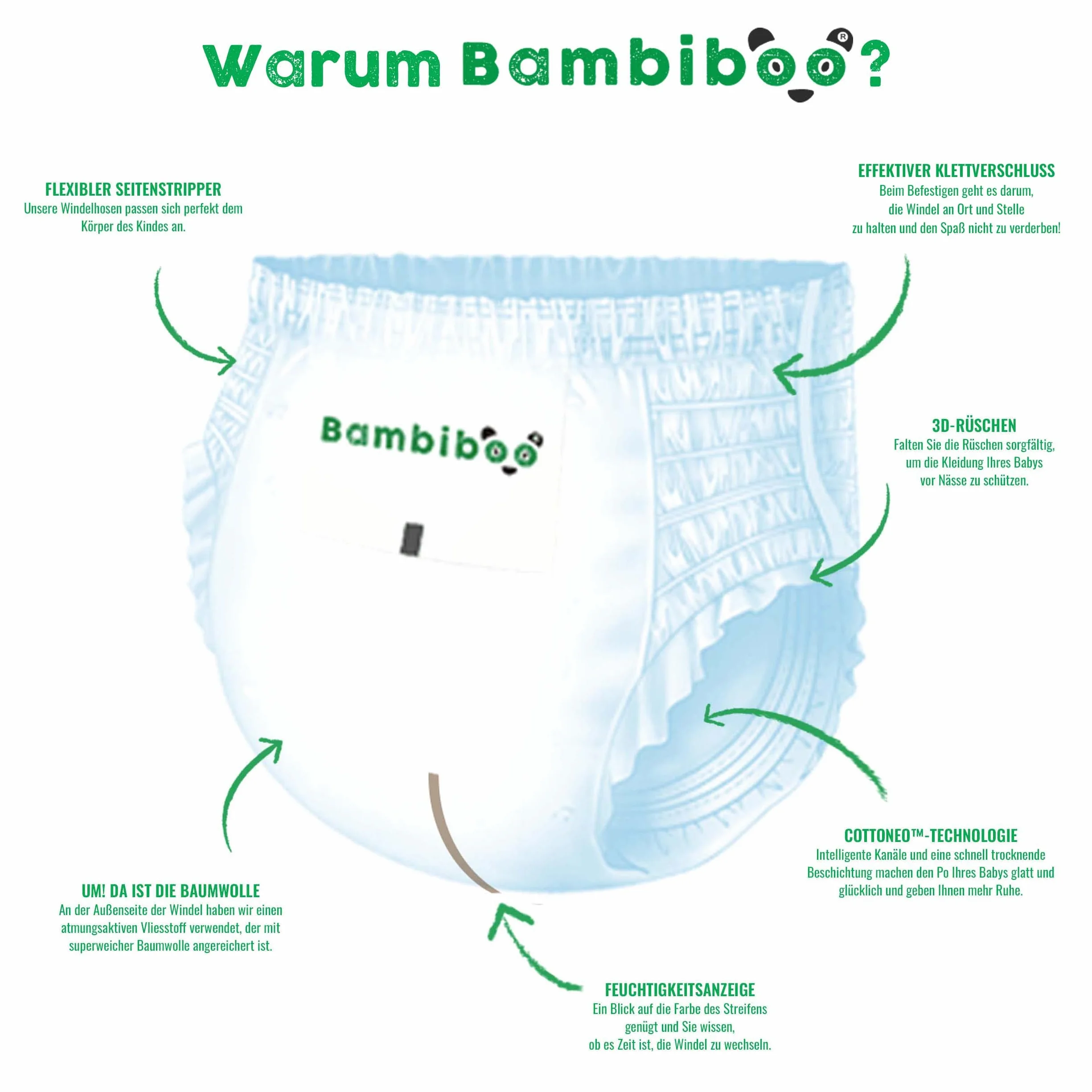 Bambiboo Pieluchy dla niemowląt, rozmiar 5 (od 12 kg) COTTONWEAR Majtki z bawełny organicznej i substancji roślinnych ze wskaźnikiem wilgotności oddychające - 20 szt.