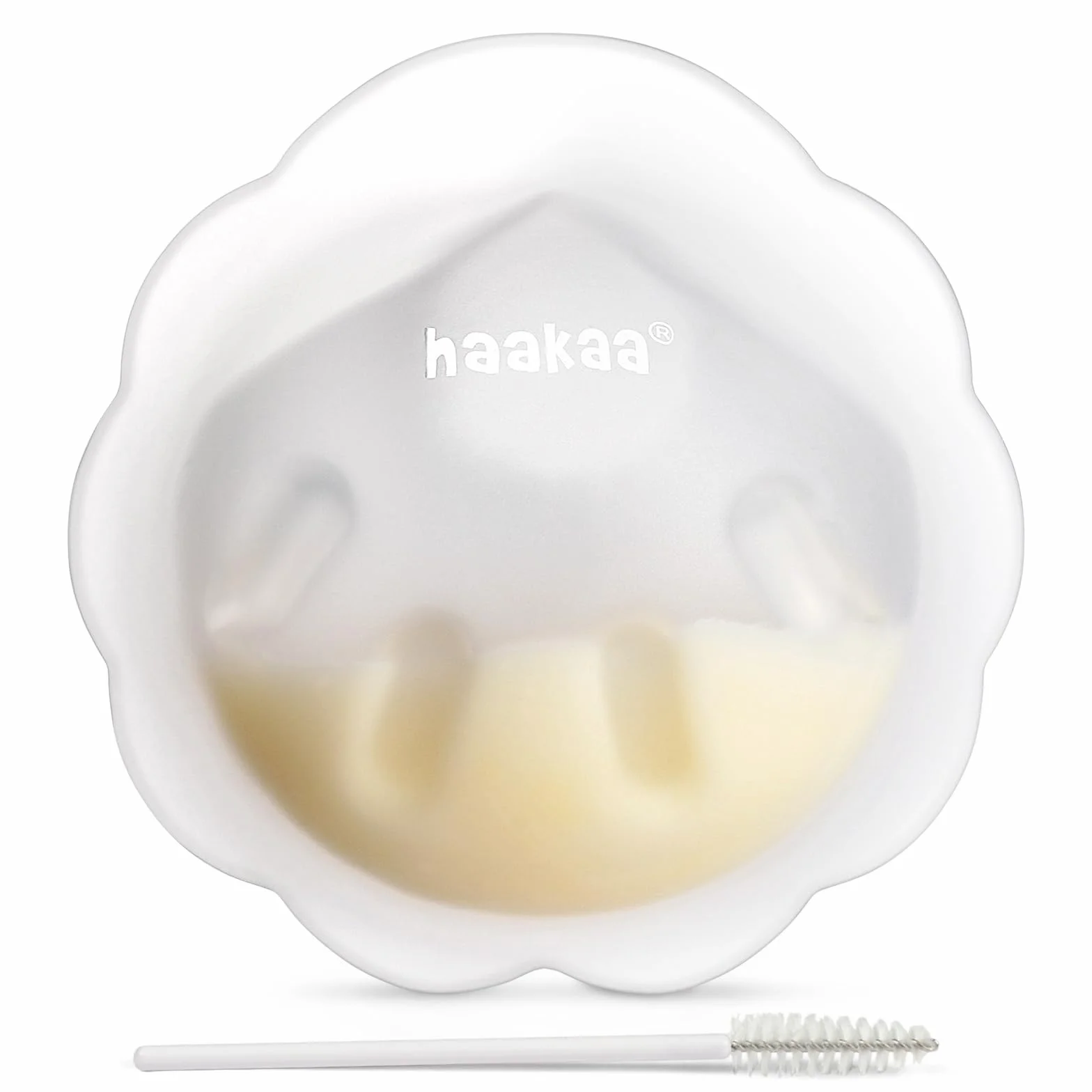 haakaa Petal Soft silikonowy pojemnik na mleko - dyskretny, szczelny pojemnik na mleko matki, wielokrotnego użytku, kubek na mleko do karmienia piersią, ze szczotką do czyszczenia, 1 sztuka
