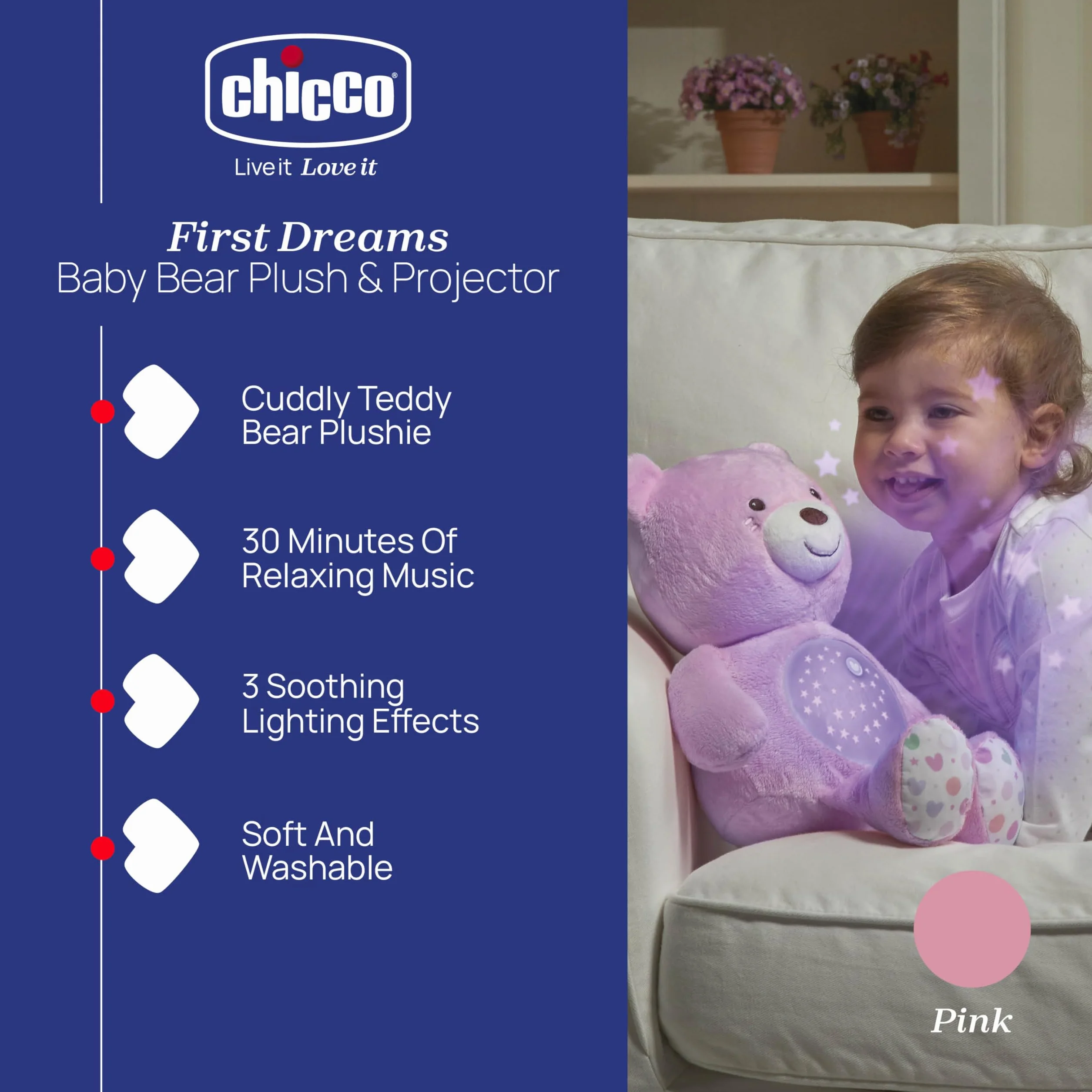 Chicco First Dreams Miś z Projektorem, z Lampką Nocną dla Dzieci, Efektami Świetlnymi i Relaksującymi Melodiami, Różowa - Zabawki dla Niemowląt 0 m +