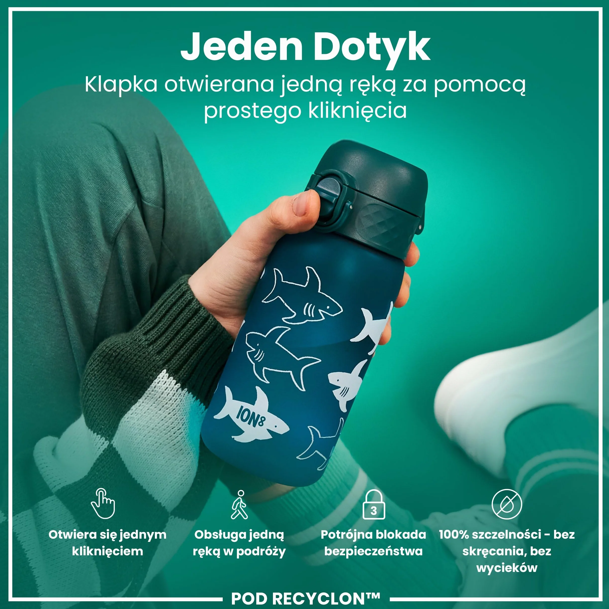 ION8 Butelka dla Dzieci, 350 ml/12 oz, Szczelna, Łatwa do Otwarcia, Bezpieczny Zamek, Można Myć w Zmywarce, Bez BPA, Uchwyt do Przenoszenia, Łatwa do Czyszczenia, Bezwonny, Rekiny