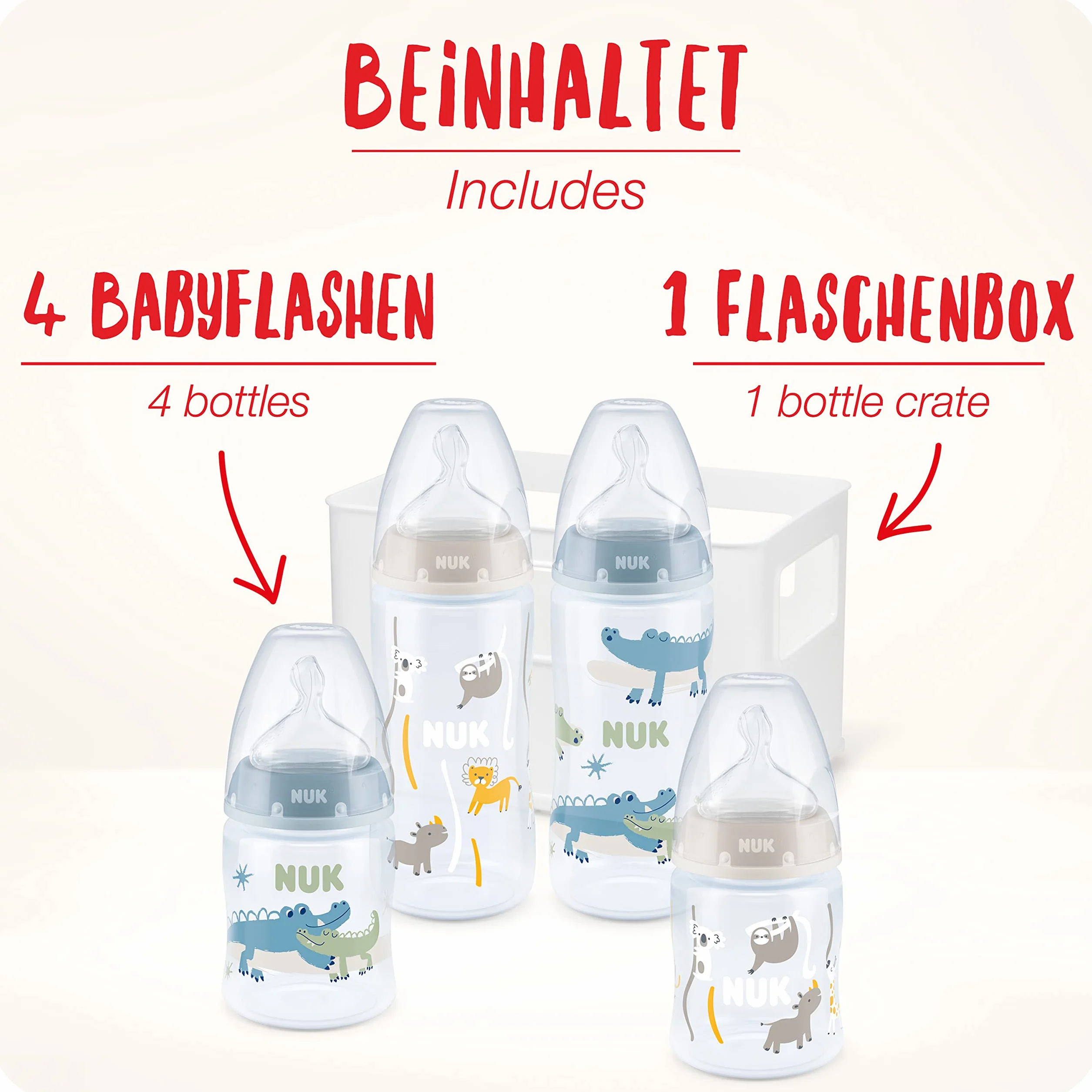 Zestaw startowy butelek dla niemowląt NUK First Choice+ | 0–6 miesięcy | 4 x butelki z regulacją temperatury i skrzynka na butelki | Otwór antykolkowy Anti Colic | Nie zawiera BPA | Safari | 5 elem.