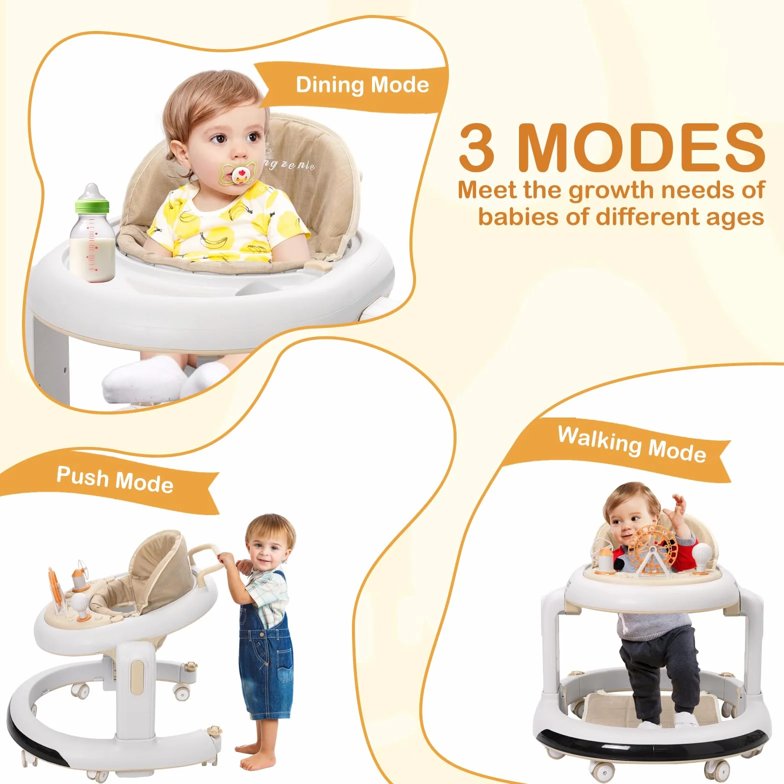 3 w 1 Chodzik dla dzieci, 6 regulowanych wysokości i 2 poziomów regulowanego siedzenia, BabyWalker z cichymi kołami 360°, tacą na kolację i wyjmowaną tacą na muzykę, dla dzieci w wieku 6-18 miesięcy