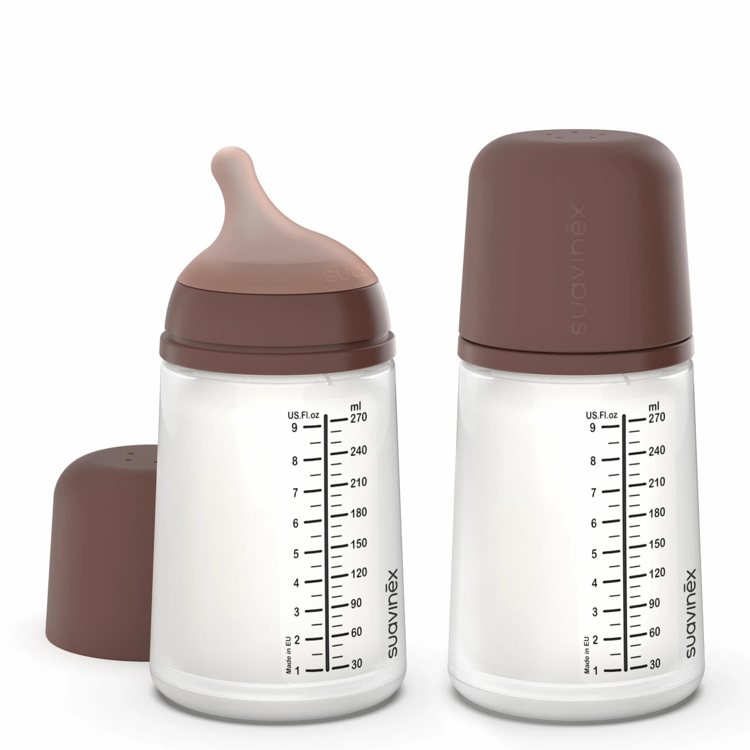 Suavinex, Zestaw 2 butelek antykolicowych o zerowym przepływie 270 ml i smoczek o średnim przepływie (M) silikonowy, +3 miesiące, mleko matki ze wzoru, płynów o średniej gęstości, kompatybilny z