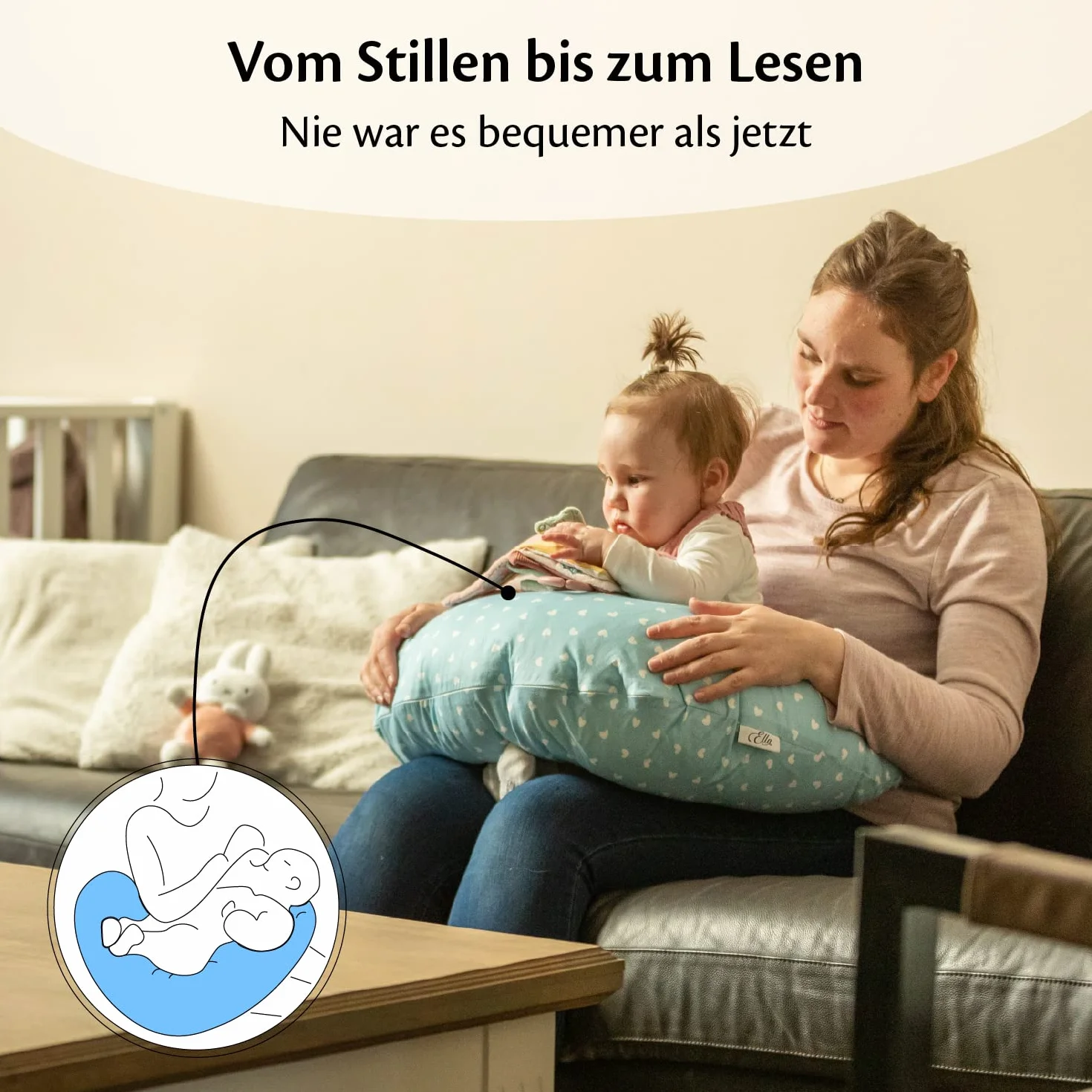 Ella Poduszka do karmienia – ergonomiczna poduszka dla niemowląt do wygodnego karmienia i karmienia niemowląt, wyściełany zagłówek dla niemowląt ze zdejmowaną bawełnianą poszewką - niebieska z sercami