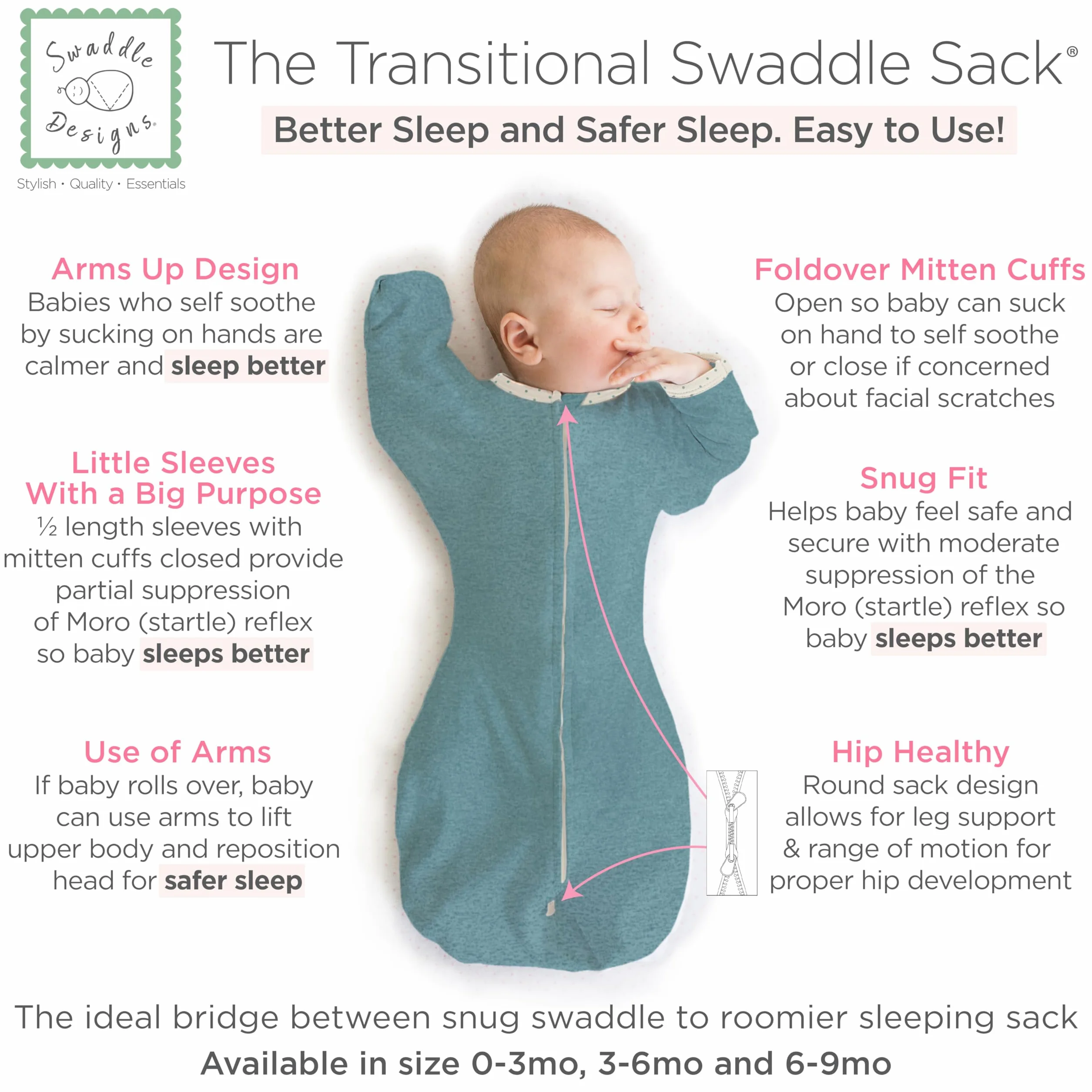 SwaddleDesigns worek do przewijania z rękawami, wrzosowy turkusowy w kropki, mały, 0-3 mies, 2,7-6,4 kg