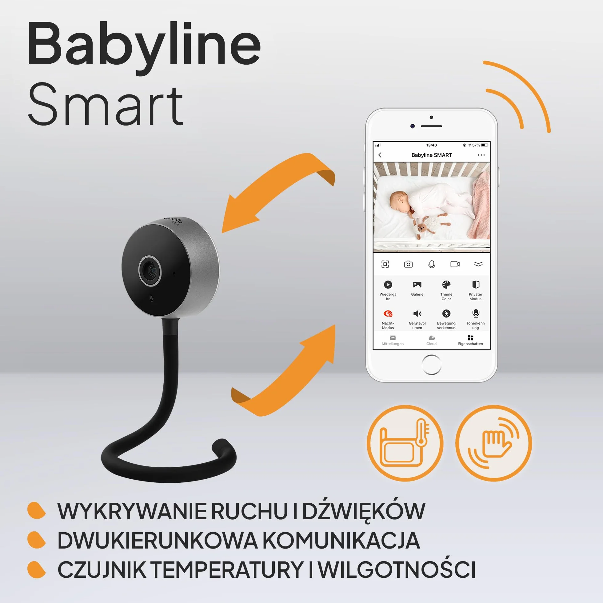 Lionelo Care Babyline Smart inteligentna niania elektroniczna, kamera dla niemowląt Wi-Fi, widoczność w ciemności