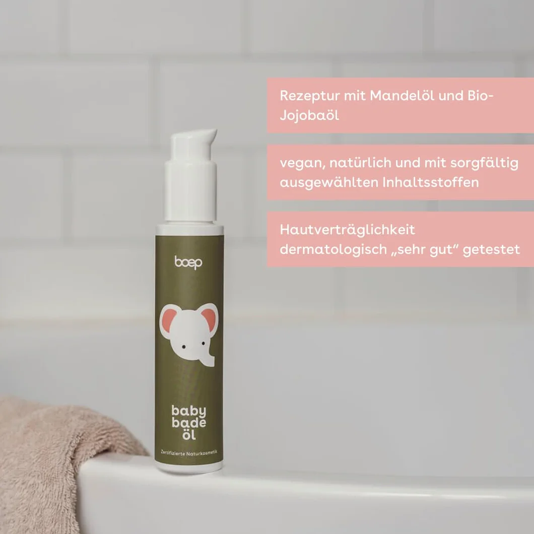 boep Olejek do kąpieli dla niemowląt, pielęgnujący dodatek do kąpieli z ekologicznym olejkiem jojoba i olejkiem migdałowym dla noworodków | wegański naturalny kosmetyk | pierwsze wyposażenie |