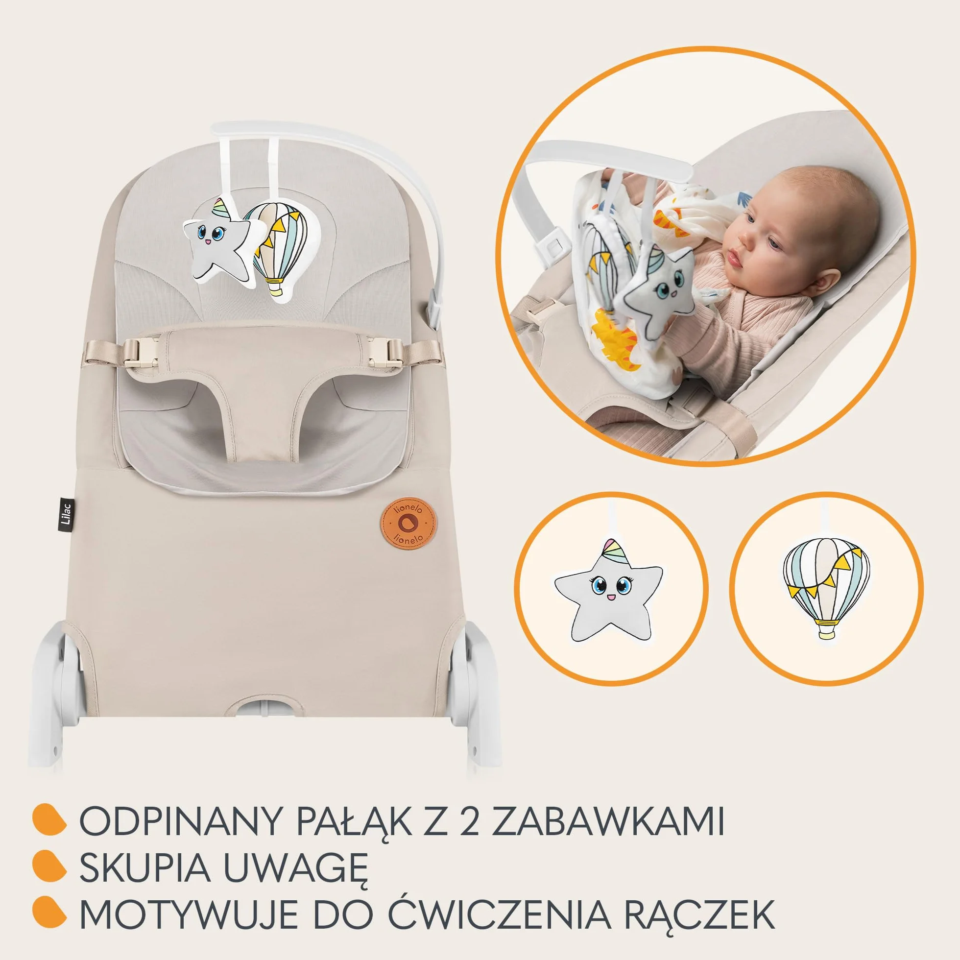 LIONELO LILAC Bujaczek i Leżaczek dla Niemowląt do 9 kg 0-6 miesięcy, Bujak 2 w 1 dla Dzieci, 2 Zabawki, Regulacja Pochylenia, 3 Punktowe Pasy Lekki 3,2 kg Składany na Płasko