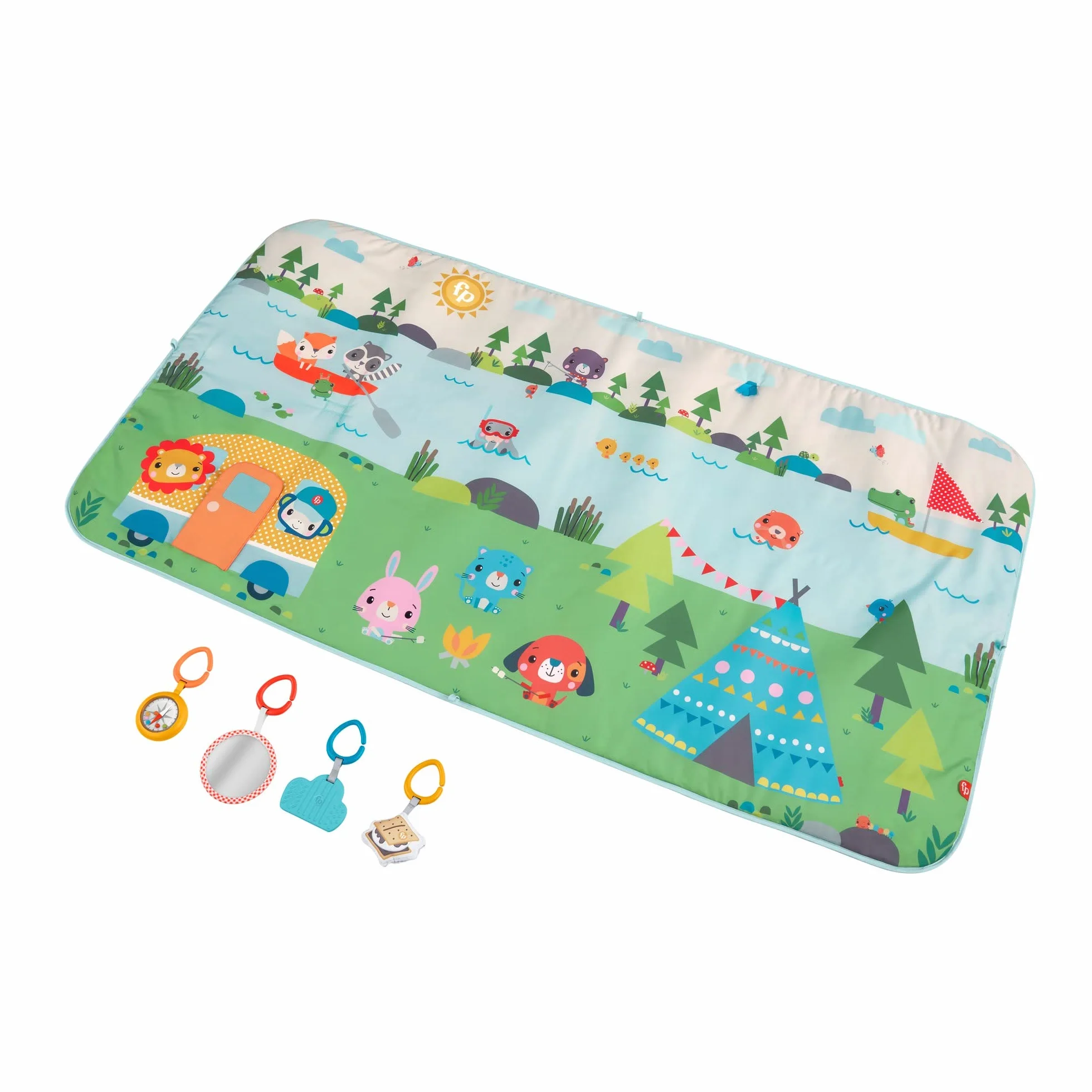 Fisher-Price Wielkie przygody Duża mata do zabawy o długości 152 cm z zabawkami dla noworodków i niemowląt, GXR53