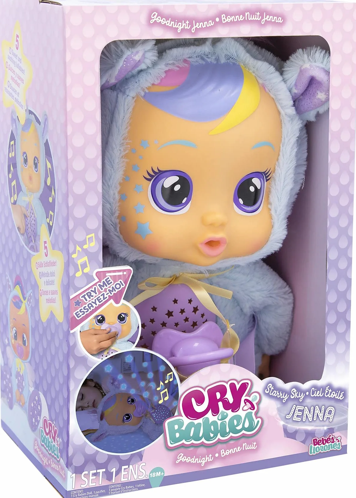 CRY BABIES Goodnight Gwiaździste niebo Jenna/Sleepy Time lalka niemowlęca ze światłami LED, łzy, kołysanki i projektor gwiazd, lampka nocna - lalka na dobranoc dla dzieci w wieku 18 m