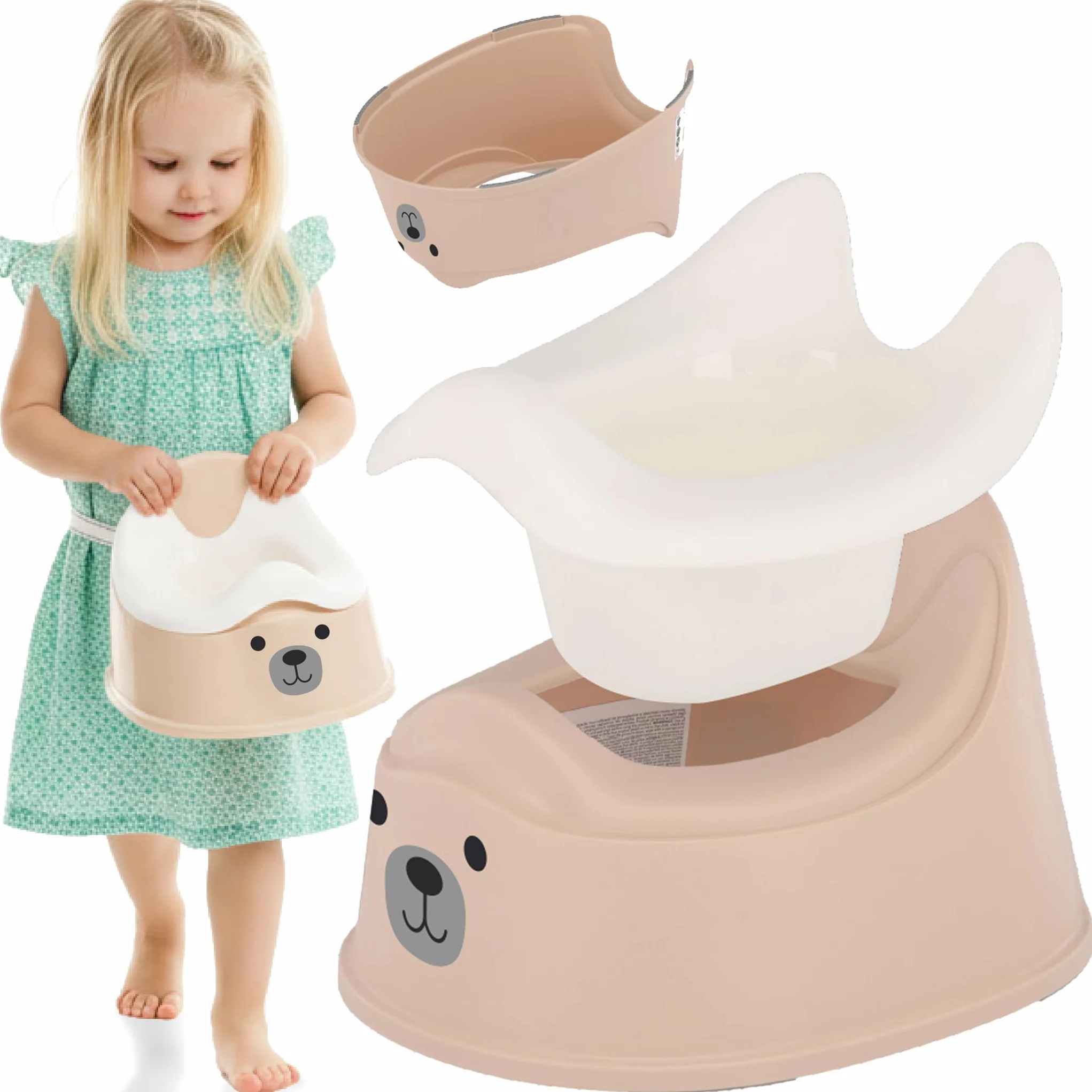sun baby Nocnik dla dzieci 18-36 miesięcy, antypoślizgowe nóżki, ergonomiczne oparcie, wyjmowany wkład, tworzywo sztuczne, do 15 kg (Beżowo-Biały + Naklejka Miś)