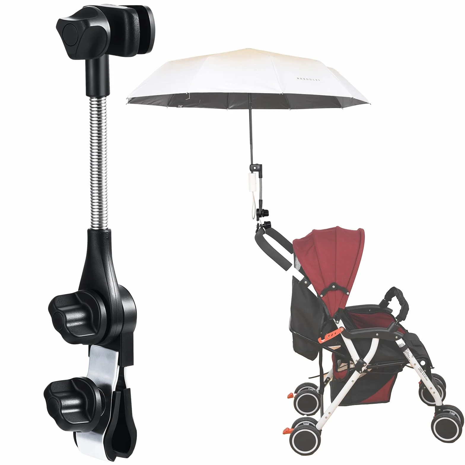 Uchwyt na parasol do wózka dziecięcego, mocowanie parasola do wózka dziecięcego, klips łączący do kierownicy, elastyczny, regulowany, uniwersalny zacisk do wózka, wózka inwalidzkiego, roweru