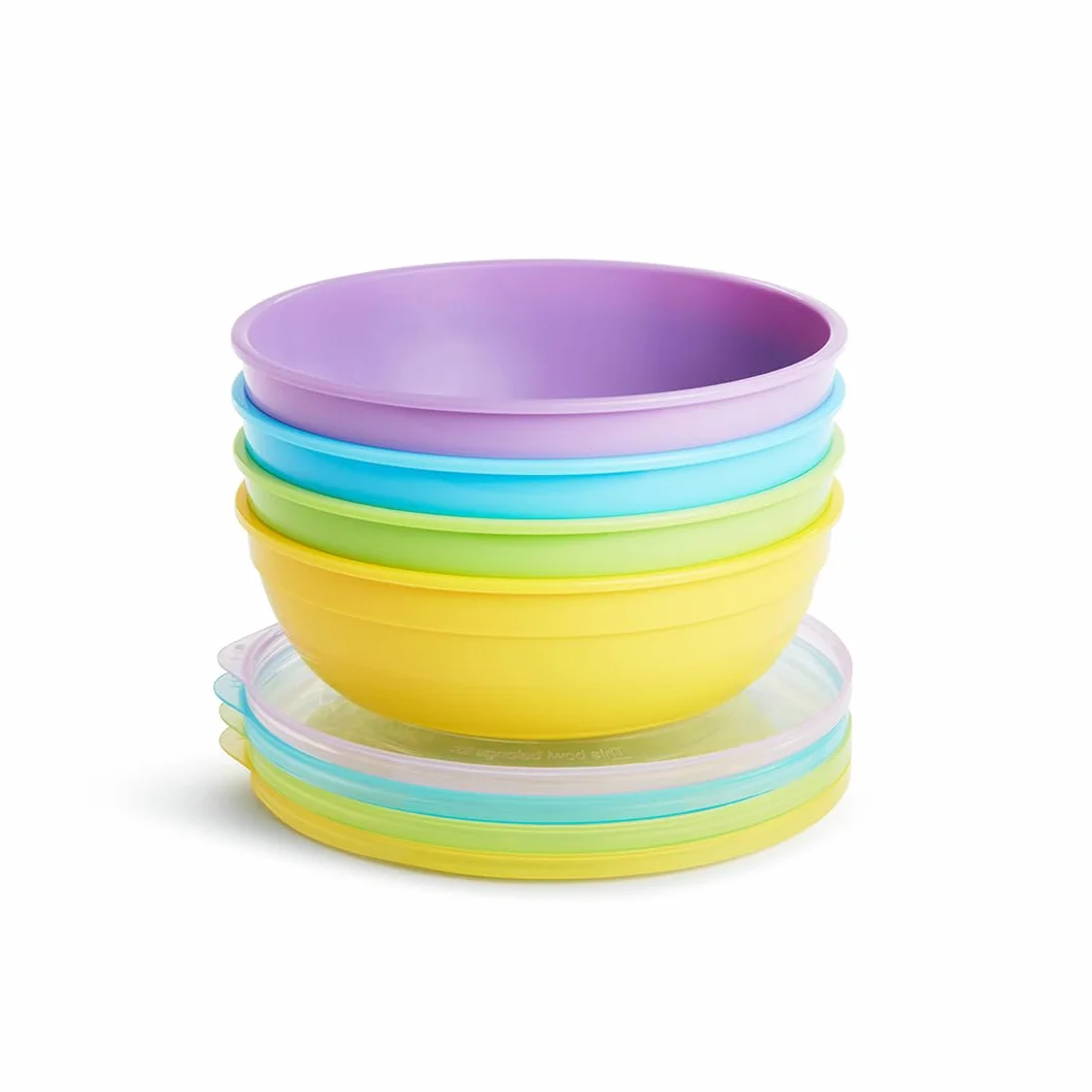 Munchkin Miski dla Dzieci z Pokrywkami Love A Bowl, Jasne, Plastikowe, Miseczki do Karmienia Niemowląt, Pojemniki na Żywność, Można Myć w Zmywarce, 4 Sztuki, Wielokolorowe