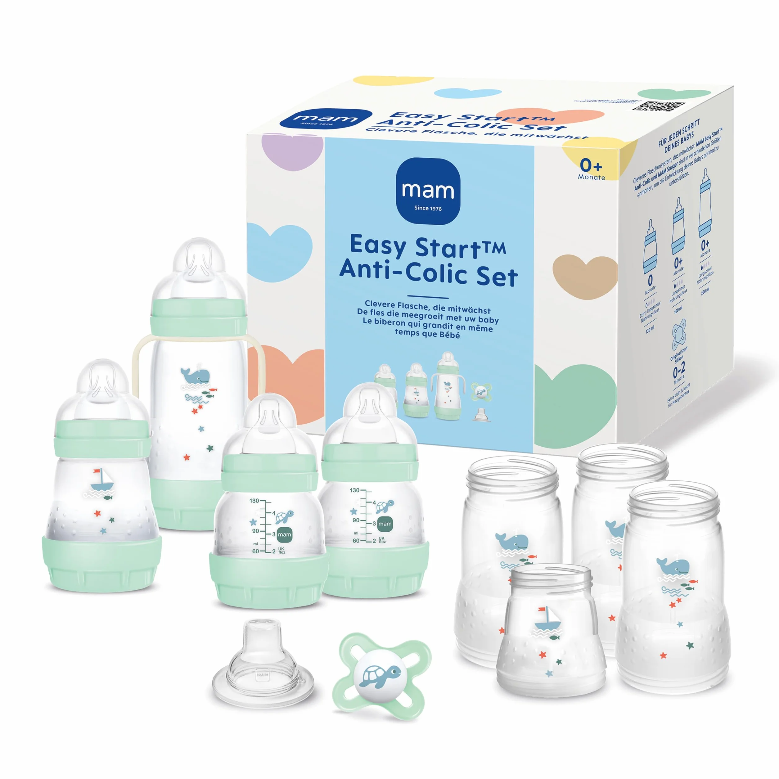 MAM Easy Start Anti-Colic zestaw startowy, pierwsze wyposażenie dla rosnącego wraz z dzieckiem, smoczkiem, butelkami i uchwytami, zestaw upominkowy dla niemowląt, od urodzenia, niebieski