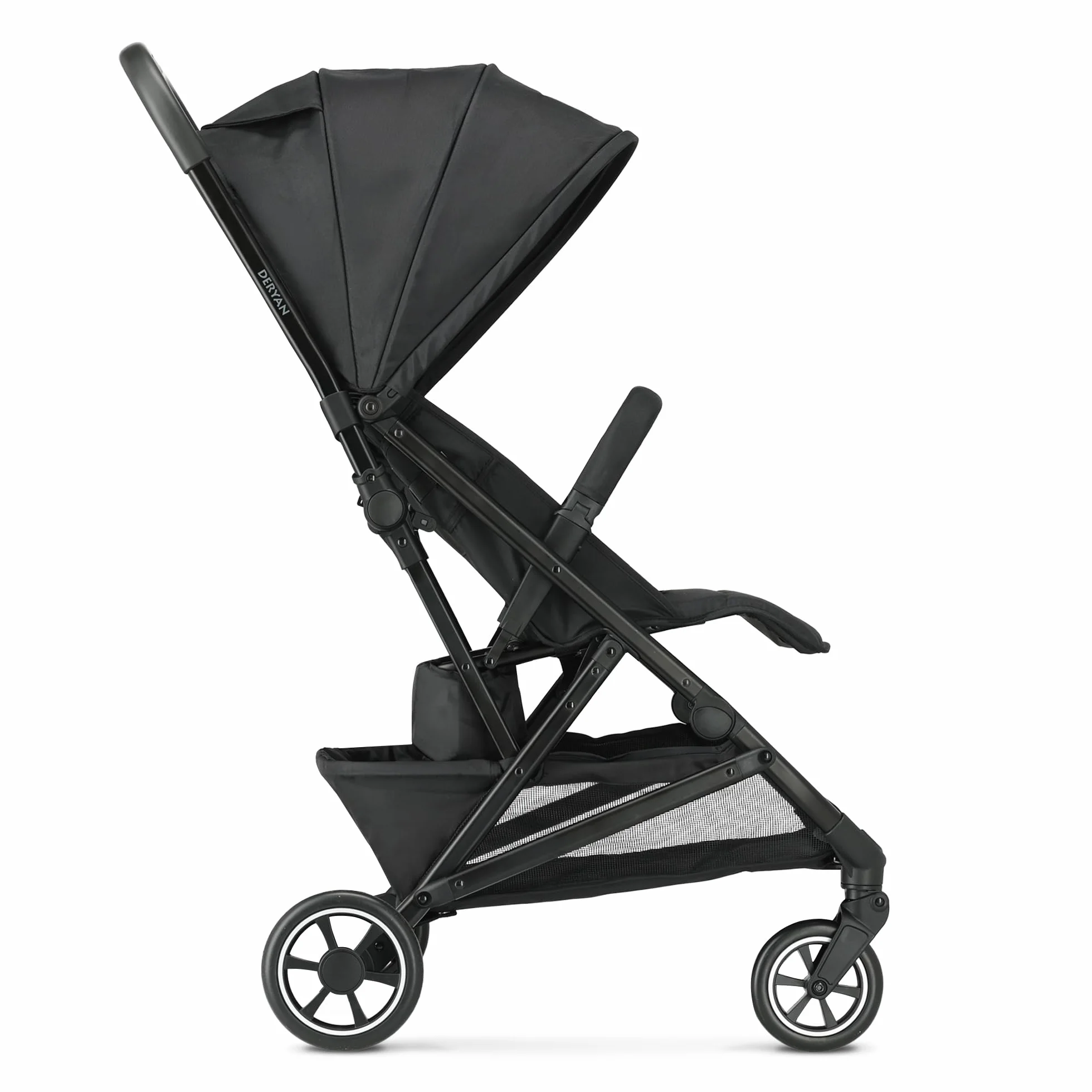 Deryan Easy Travel Buggy – dla dzieci od urodzenia do 22 kg z funkcją leżenia – ultralekki 7,5 kg – składany jedną ręką, UPF 50+, kosz do 3 kg (czarny)