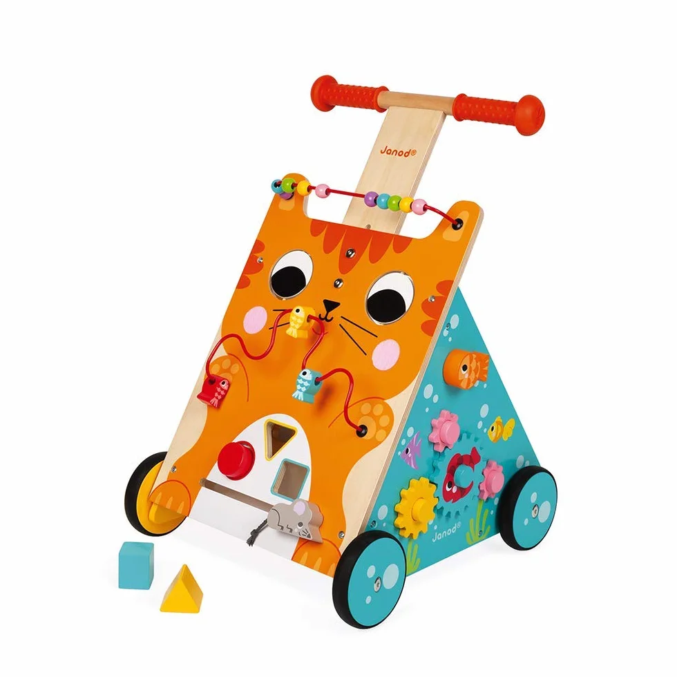 Janod Wooden Activity Baby Walker Cat - Push Along Toy with Brake and Height Adjustable Handle - First Steps, Learning to Walk - From 12 Months Old, J08005