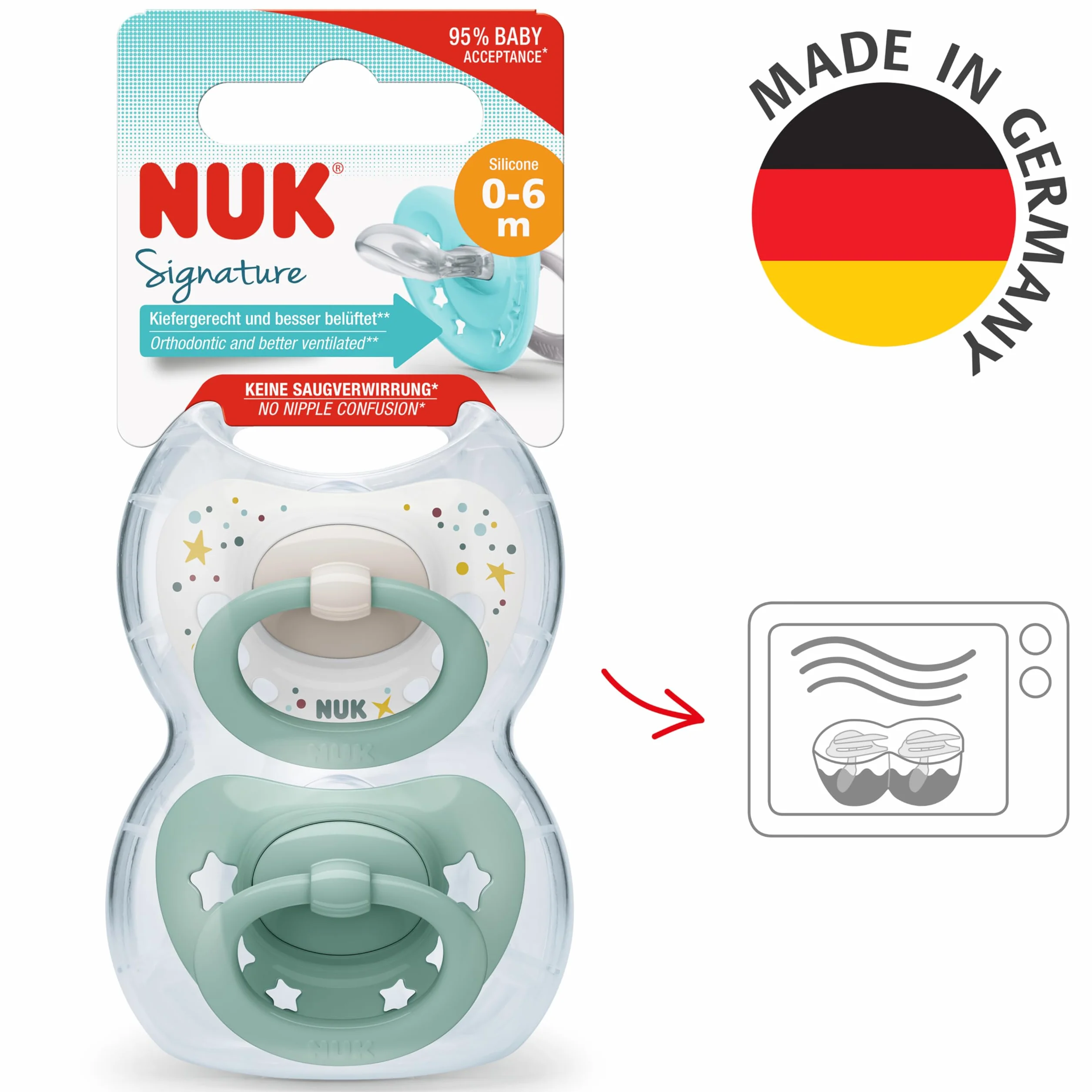 NUK Signature smoczek dziecięcy, 0-6 miesięcy, uspokaja 95% niemowląt, silikonowy smoczek bez BPA, w etui, zielone gwiazdki, 2 sztuki