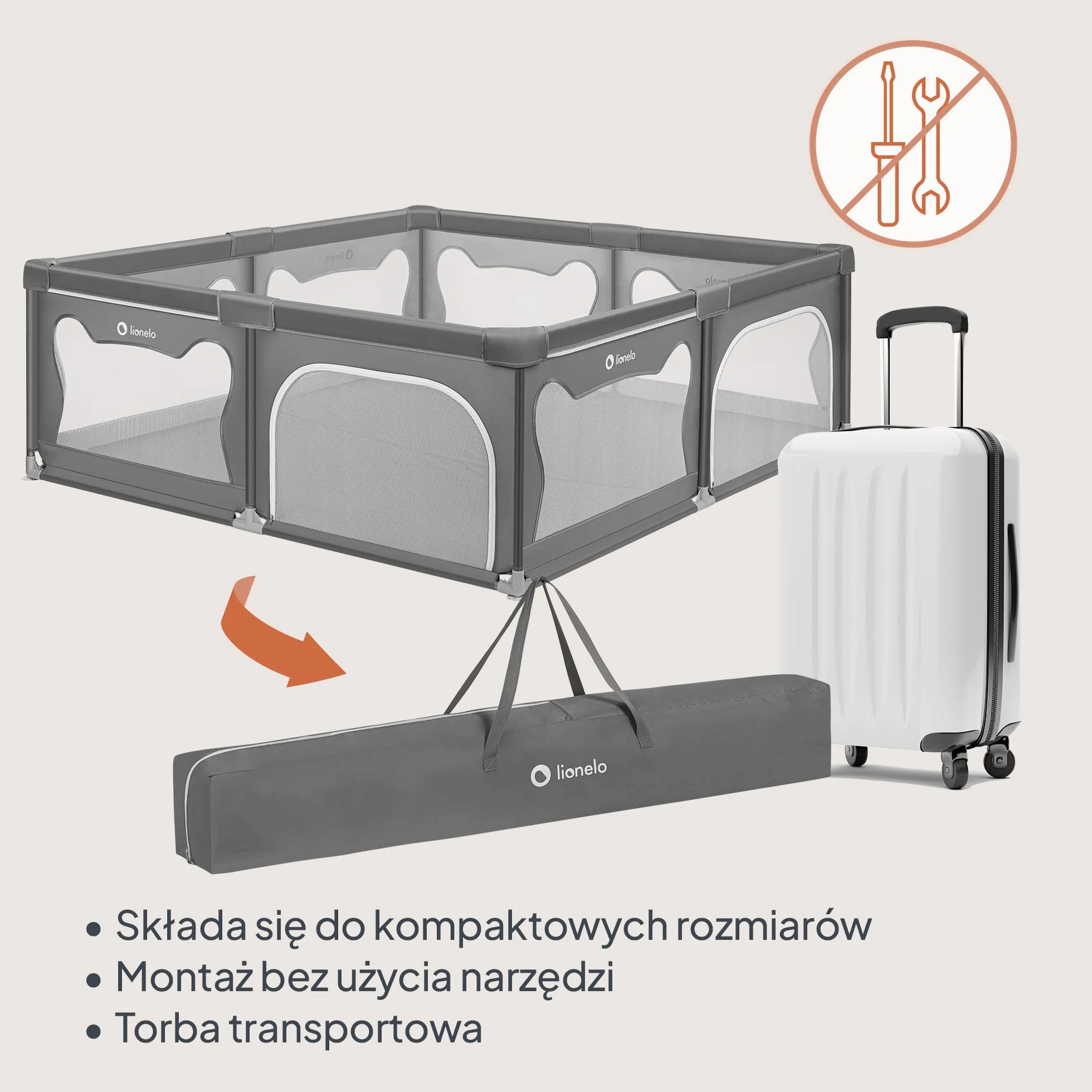 LIONELO WILLOW XL Składany Kojec dla Dziecka, od 0-48 miesięcy, Duża Przestrzeń 187 cm x 207 cm x 68 cm, Kojec dla Niemowląt z Oddychającą Siatką, 2 Boczne Wejścia na Zamek (Szary)