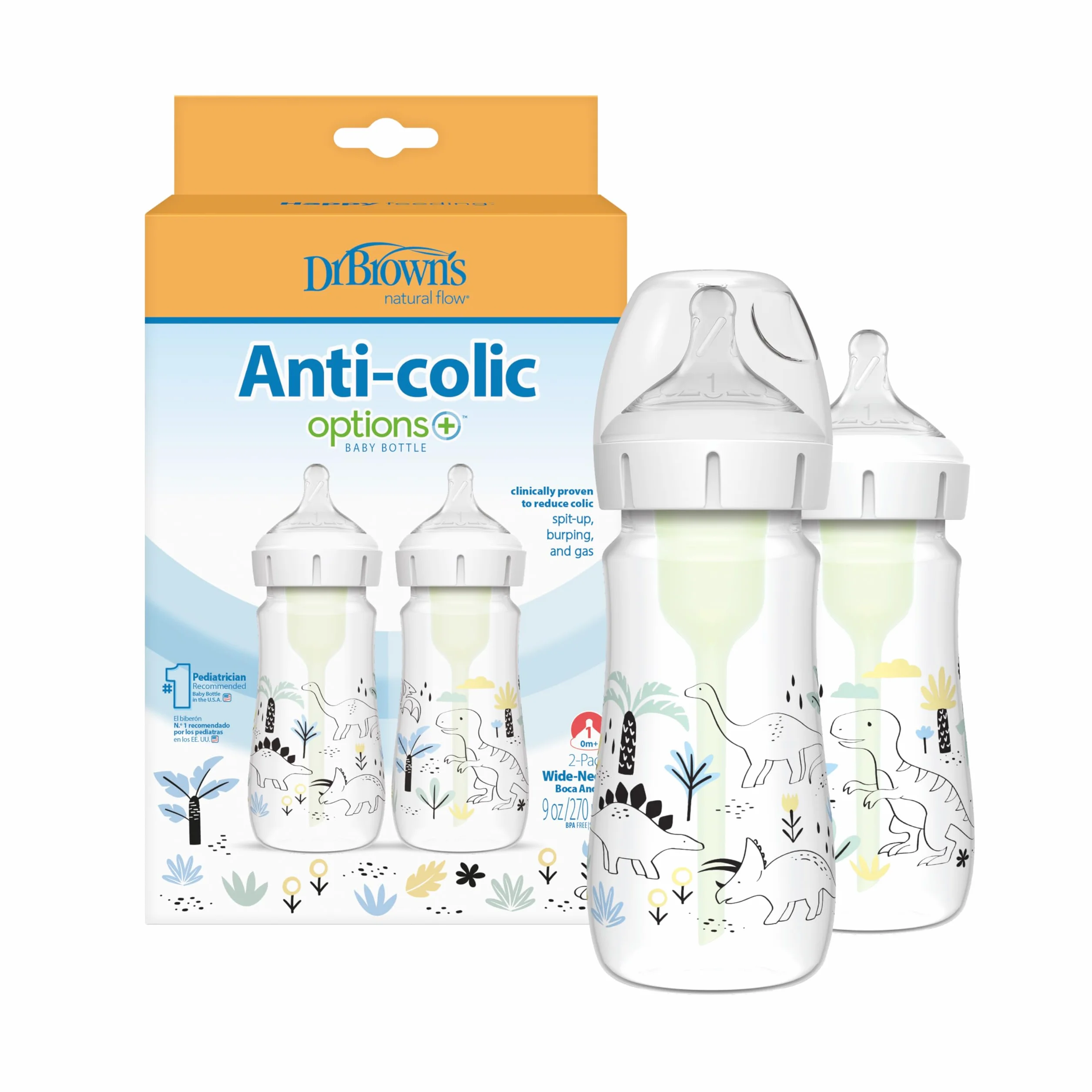 Dr. Brown's Natural Flow Anti-Colic Options+ butelki z szeroką szyjką 270 ml smoczek poziom 1 zestaw 2 szt.