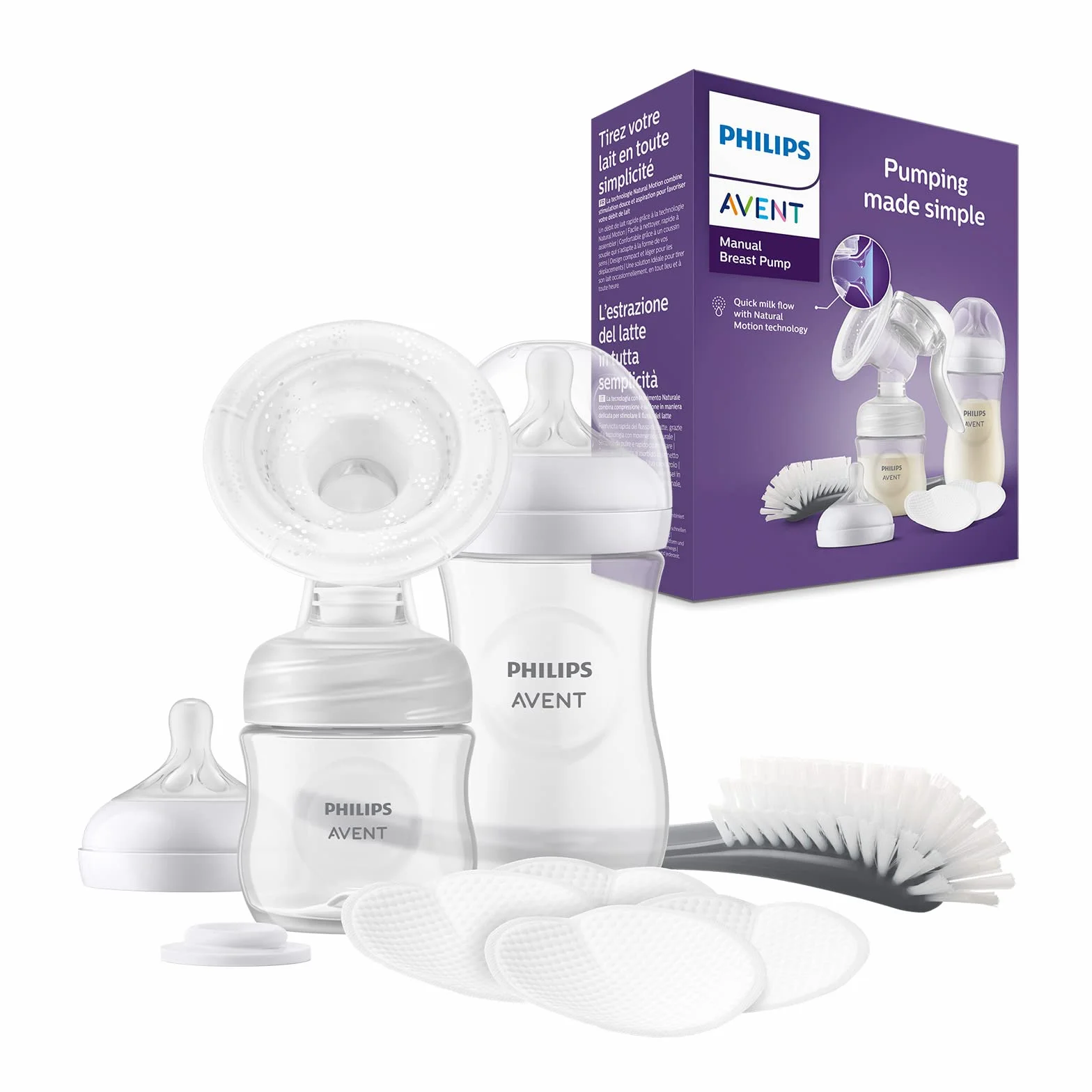 Philips Avent Zestaw upominkowy z laktatorem ręcznym — jeden laktator ręczny, butelki dla niemowląt 260 ml i 125 ml, bez bisfenolu A, 4 jednorazowe wkładki laktacyjne, Starter set