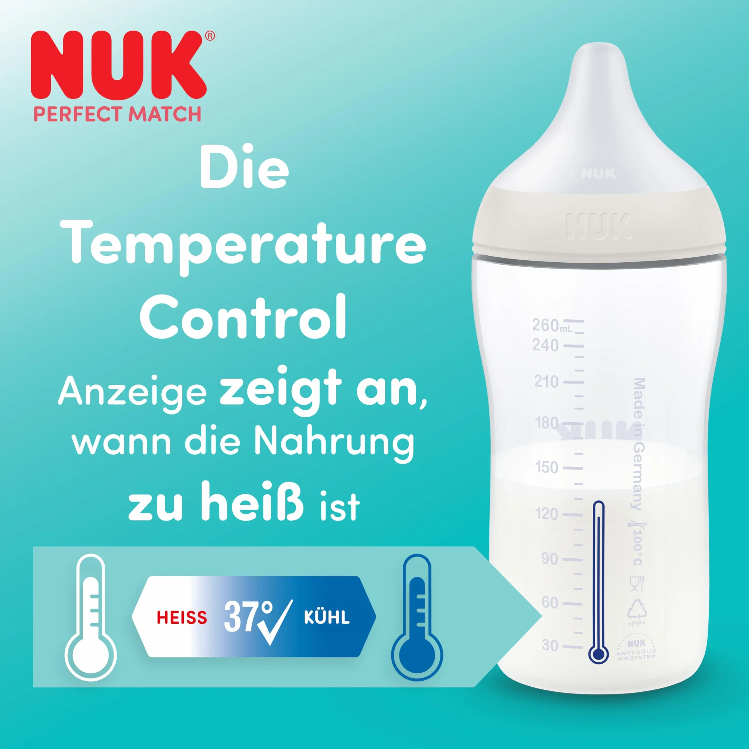 NUK Perfect Match Butelka dla niemowląt | 0+ miesięcy | 150 ml | Butelka przeciwkolkowa | PP | Wskaźnik kontroli temperatury | Hipopotam | 1 sztuka