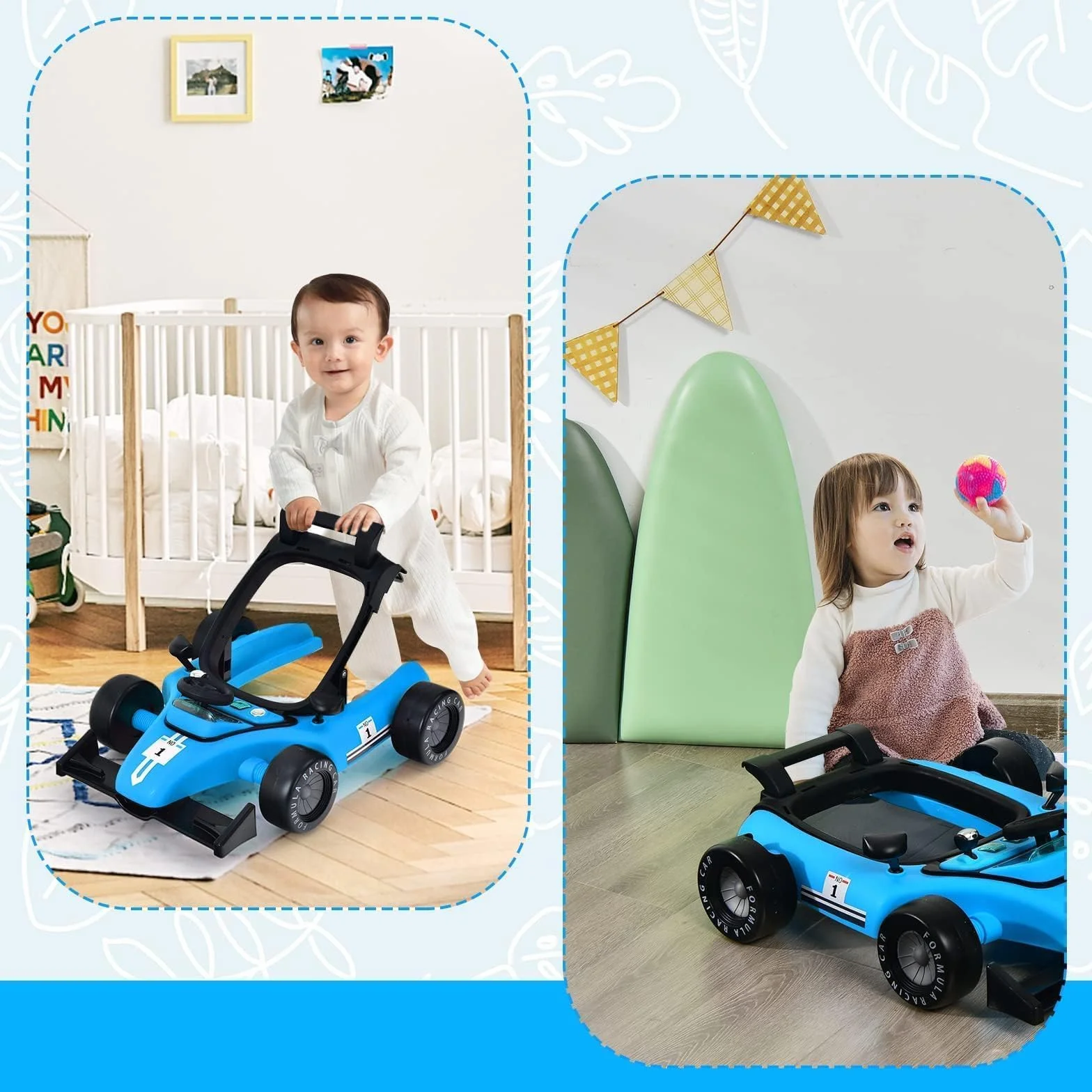 COSTWAY 4 w 1 Bieganie Pomocnik dla Dzieci, Składany Wózek z Regulacją Wysokości i Prędkości, Auto z Muzyką i Światłami, Chodzik od 6 Miesięcy, Udźwig 12 kg, Niebieski