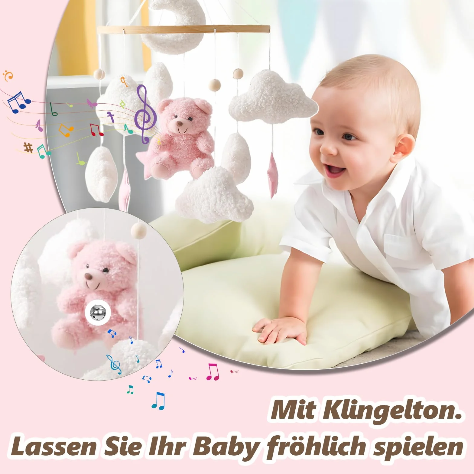 Herfair Mobile Baby Dzwonek do łóżeczka dziecięcego pluszowy miś drewniany różowy