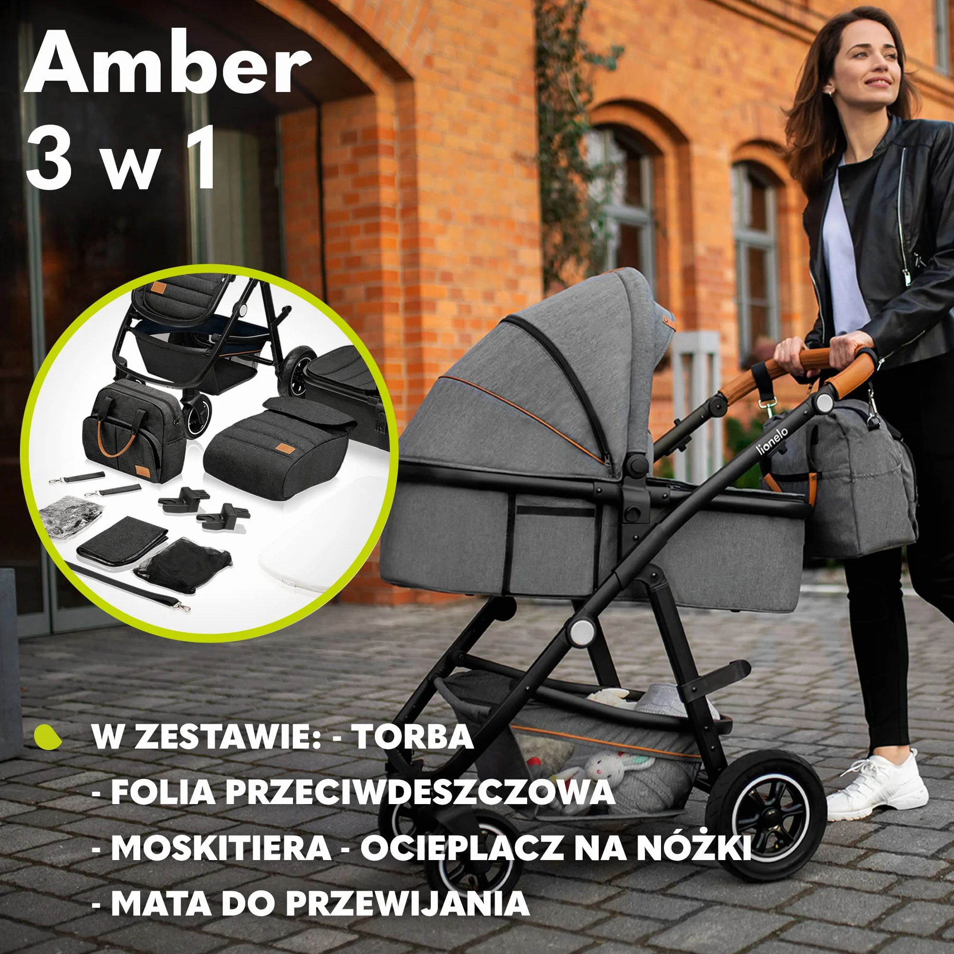 LIONELO Amber wózek spacerowy 3 w 1 do 22kg, montaż siedziska przodem lub tyłem do kierunku jazdy, pozycja leżąca, bezobsługowe koła PU, pokrowiec na gondolę i na spacerówkę, fotelik samochodowy (Granatowy)