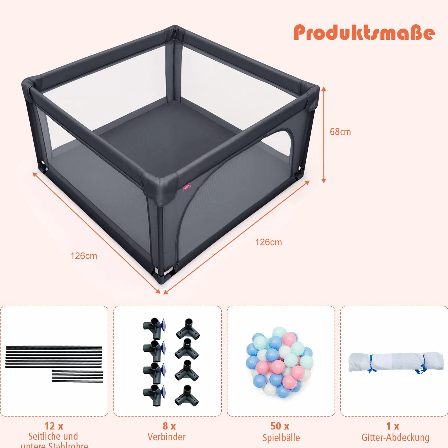 COSTWAY 120 x 120cm kojec dla dzieci z 50 piłkami, przenośny kojec z oddychającą siatką i zamkiem błyskawicznym, plac zabaw dla małych dzieci z drzwiami, ogrodzenie bezpieczeństwa