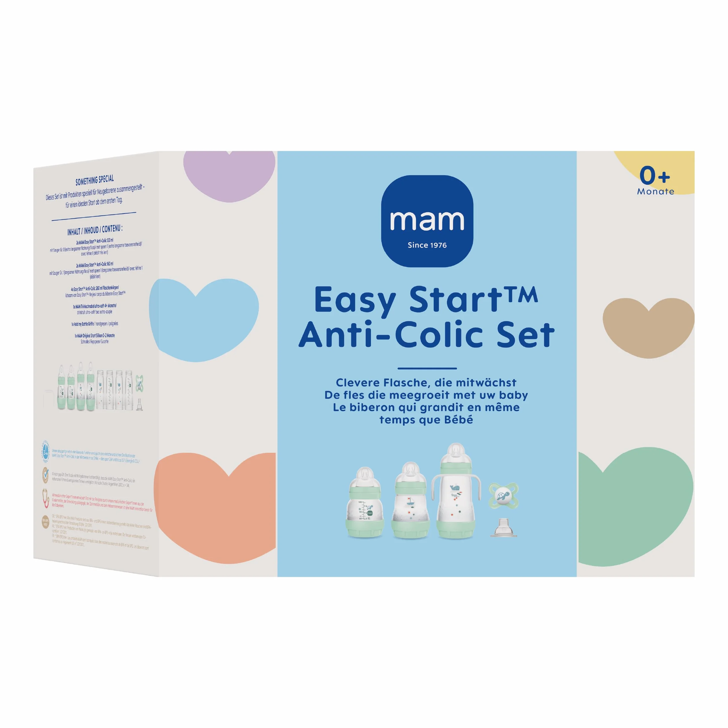 MAM Easy Start Anti-Colic zestaw startowy, pierwsze wyposażenie dla rosnącego wraz z dzieckiem, smoczkiem, butelkami i uchwytami, zestaw upominkowy dla niemowląt, od urodzenia, niebieski