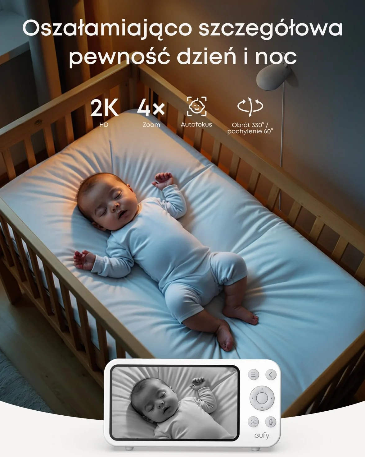 Kamera dziecięca eufy E20 z kamerą 2K HD, wyświetlaczem 5” 720p, hybrydowym Wi-Fi i bez połączenia Wi-Fi, obrót i pochylenie, 4-krotny zoom, ANR, inteligentne alerty