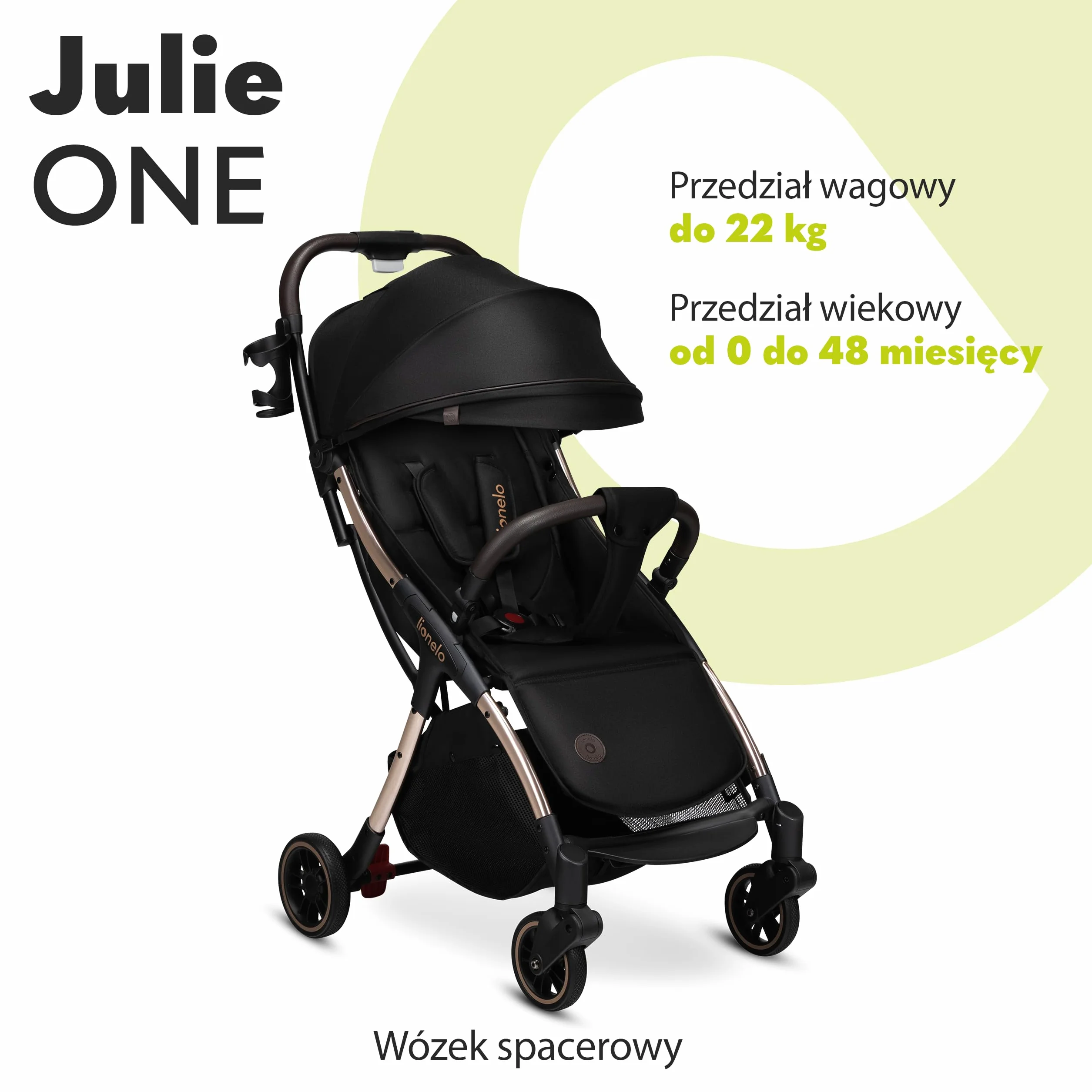 LIONELO Julie One wózek spacerowy do 22kg, regulacja oparcia od pozycji siedzącej do leżącej, regulowany podnóżek, ocieplacz na nóżki, moskitiera, torba do transportu (Golden Moments)