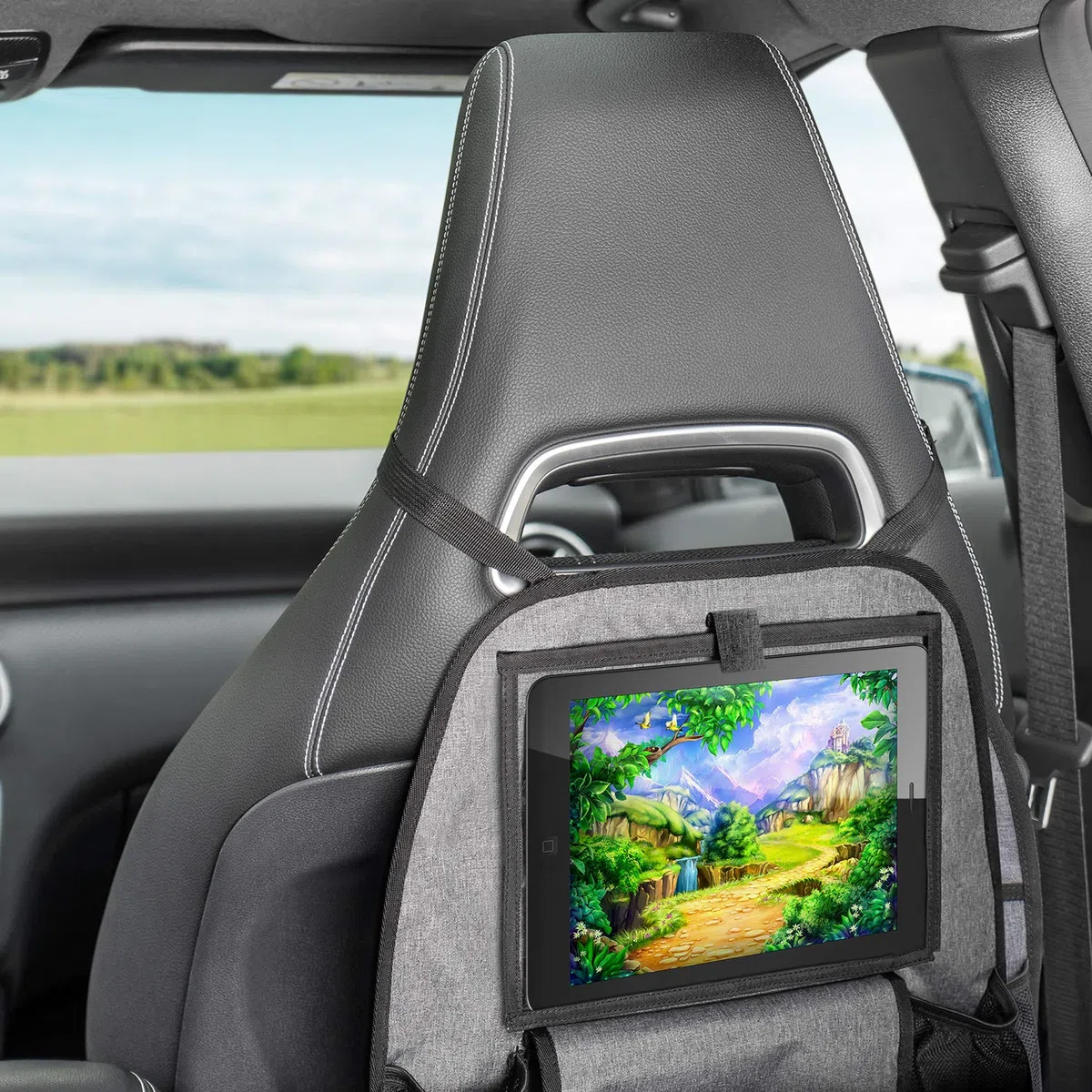 reer TravelKid Entertain organizer na tylne siedzenie samochodowe, z kieszenią na tablet, odporny na zabrudzenia, wiele kieszeni, do wszystkich foteli samochodowych, również foteli sportowych, szary, 1 sztuka (1 opakowanie)