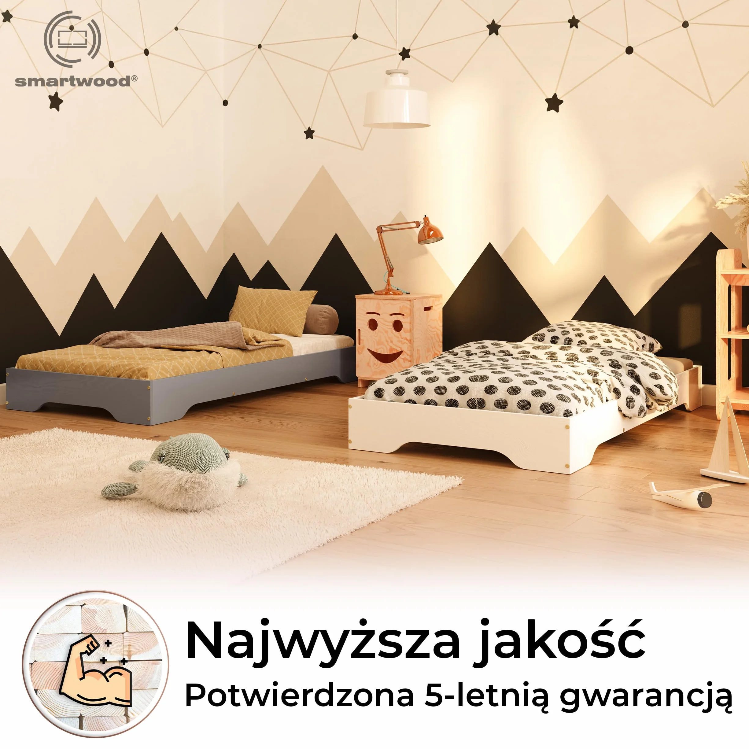 Smartwood Drewniane Łóżko Dla Dziecka 90x200 cm Podłogowe - Jednoosobowe Z Stelażem do 230 Kg - Lakierowane Łóżko Dziecięce Montessori - TILA 7