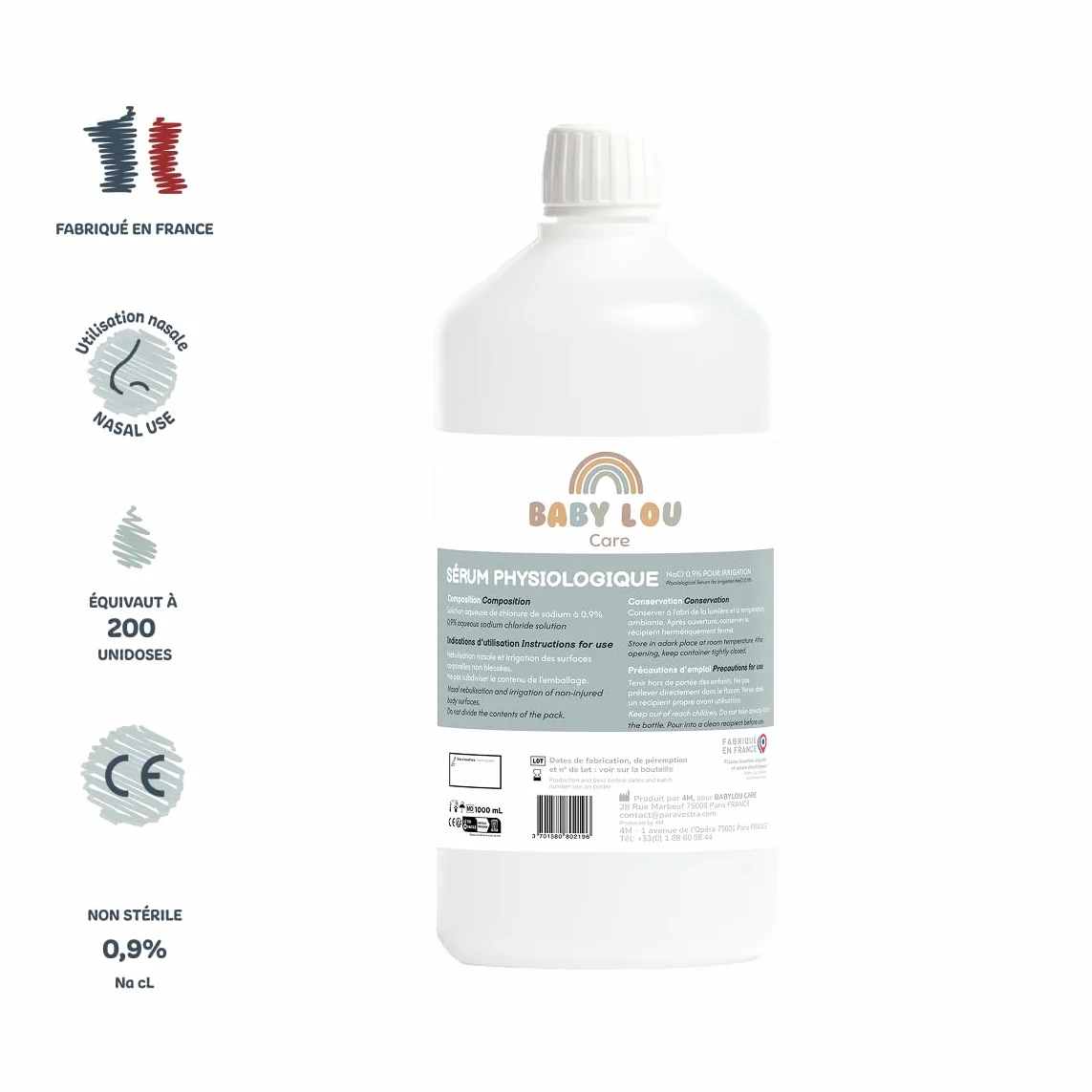 Fizjologiczne serum w butelce | NaCl 0,9% | Mycie nosa | Higiena nosa | Do nawadniania zewnętrznego | Wyprodukowano we Francji | 3 x 1 litr