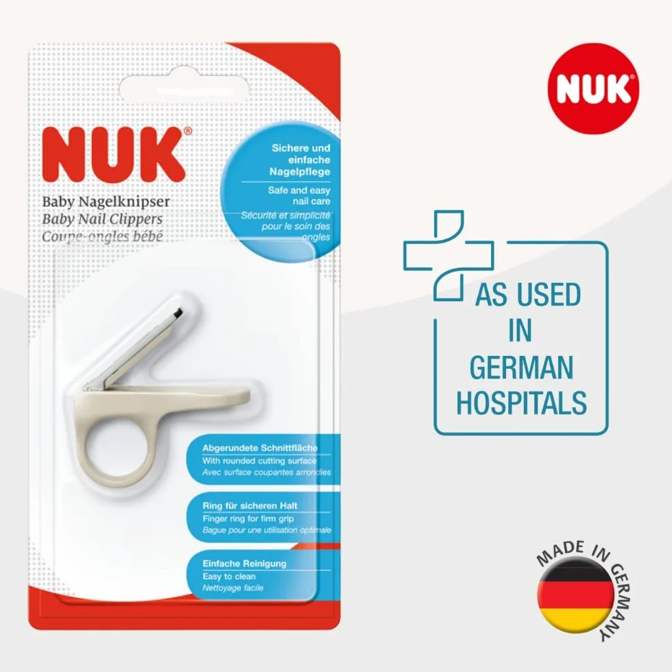NUK 10256427 Obcinacz do paznokci dla niemowląt, łatwe przycinanie małych dziecięcych paznokci, bezpieczne dzięki pierścieniowi na palec dla bezpiecznego dopasowania i zaokrąglonej powierzchni cięcia,