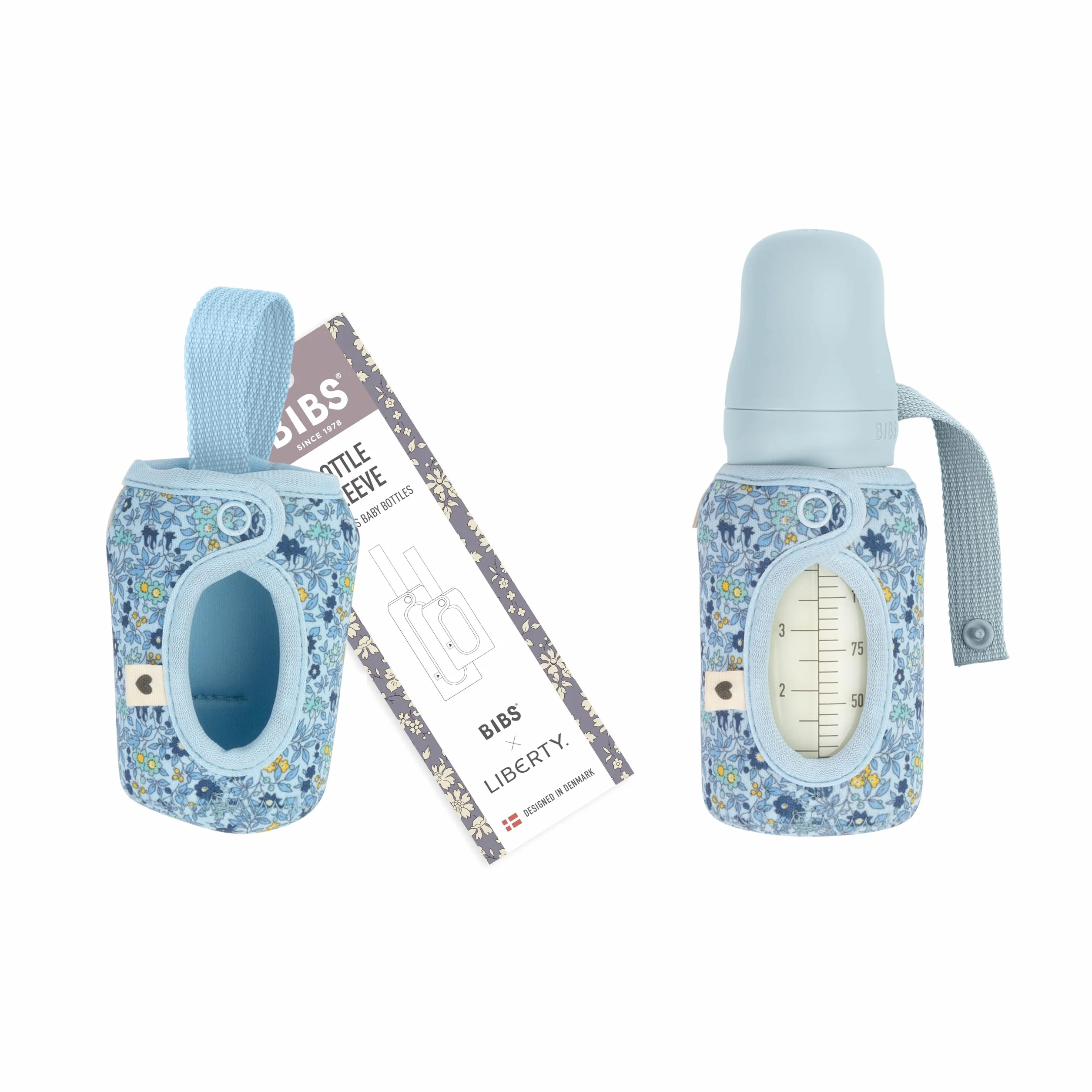 BIBS x LIBERTY Pokrowiec na butelkę dla niemowląt 110ml - Neoprenowa osłona ochronna, Wzór Liberty, Small, Charmomile Lawn Baby Blue