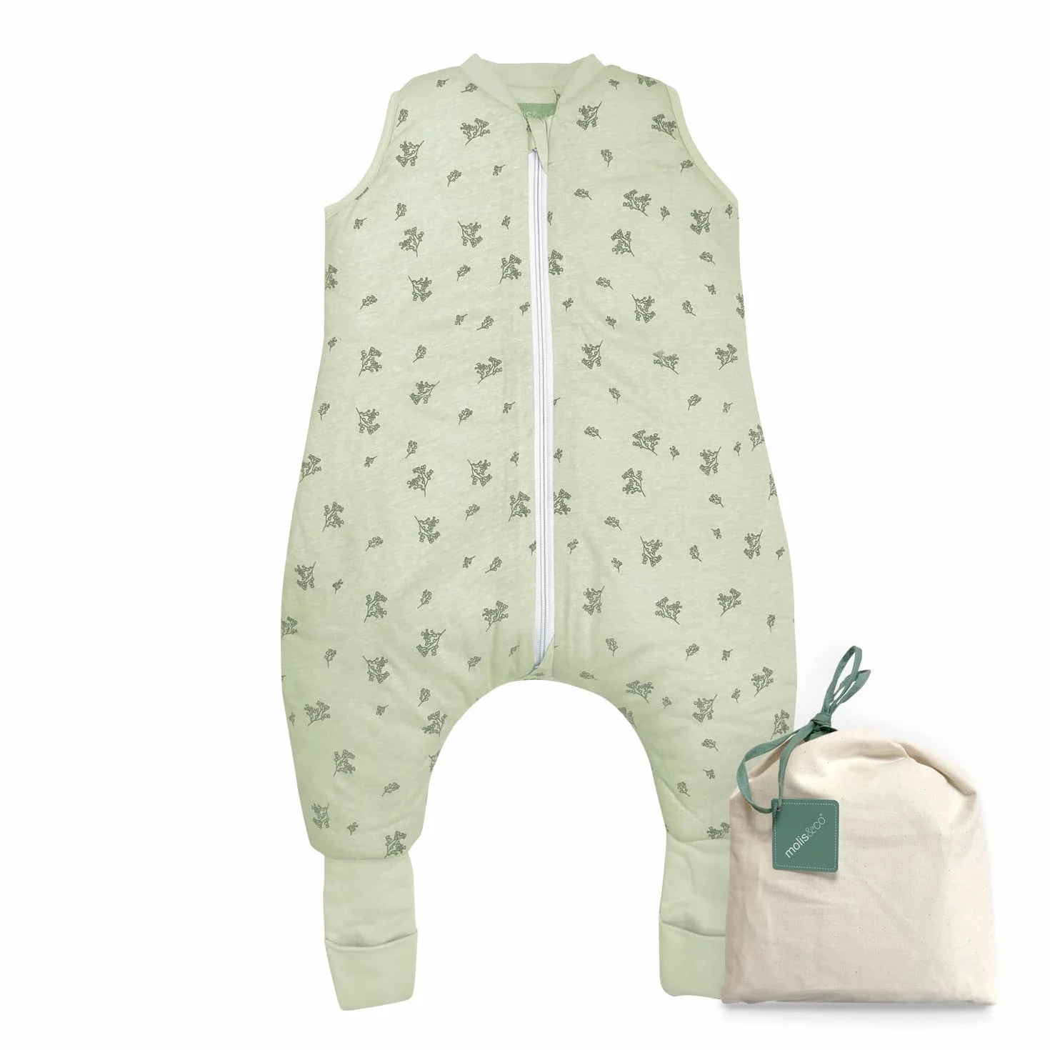molis&co. Śpiwór ze stopami i skarpetkami. 2.5 TOG. 2 lata Idealny na czas i zimę. Botany Green. 100% bawełna, Botaniczna zieleń