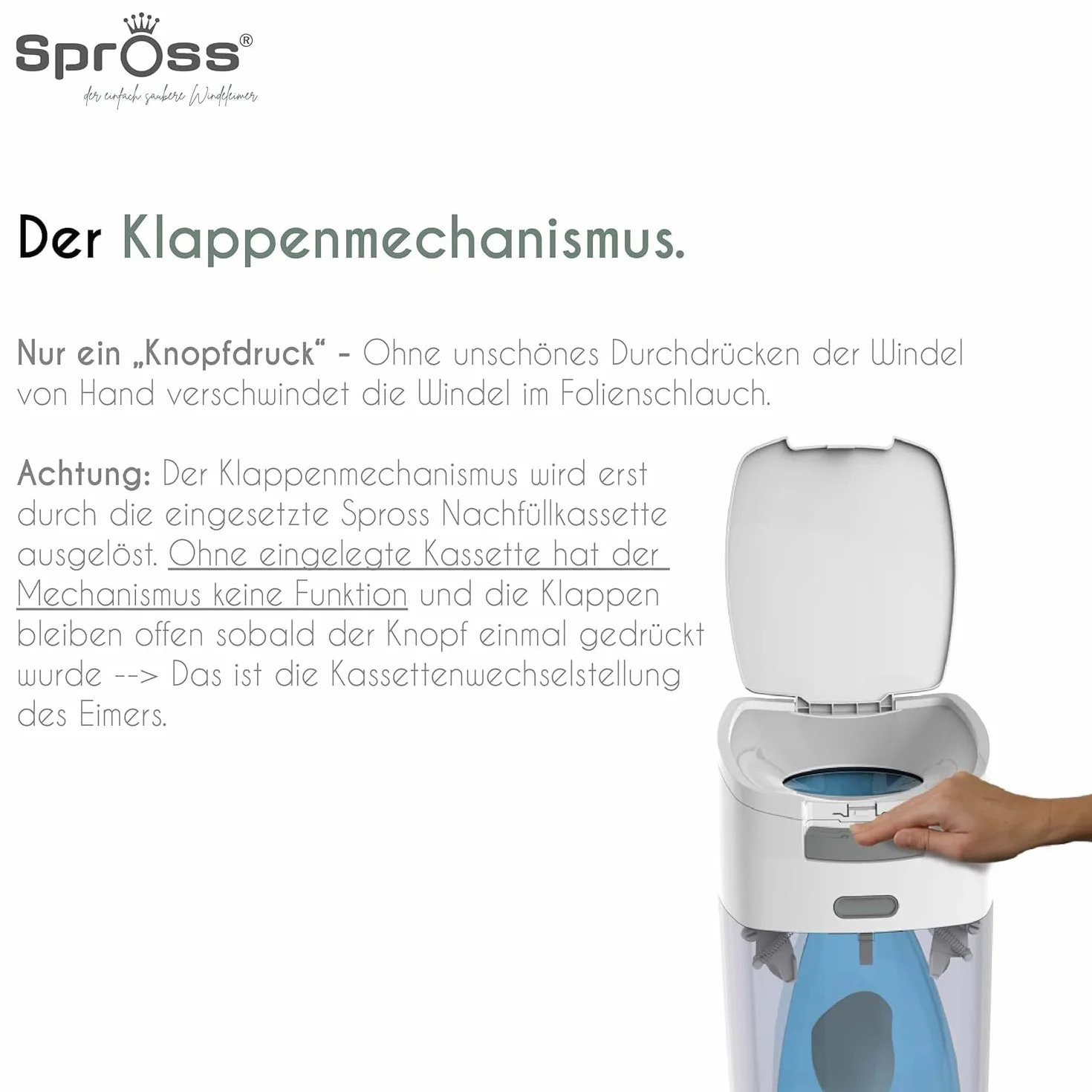 Spross Kosz na pieluchy dla niemowląt z kasetą uzupełniającą – nieprzepuszczający zapachów system z obsługą jedną ręką, biało-szary