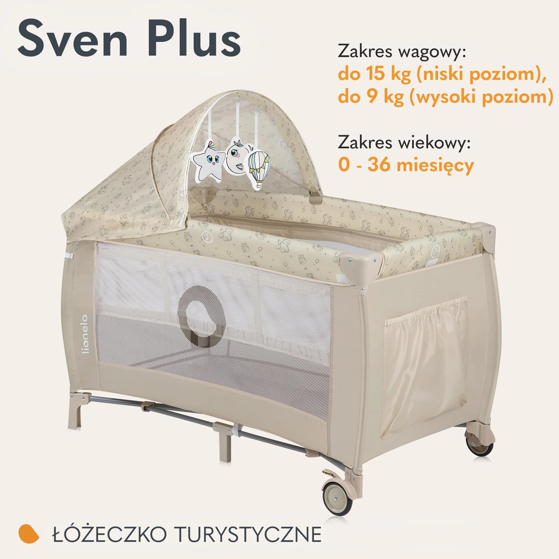 LIONELO Sven Plus 2 w 1, Łóżeczko Turystyczne, Przewijak, Moskitiera, Funkcja Bujania, Baldachim z Moskitierą, Zabezpieczenie przed Złożeniem, Wejście Boczne