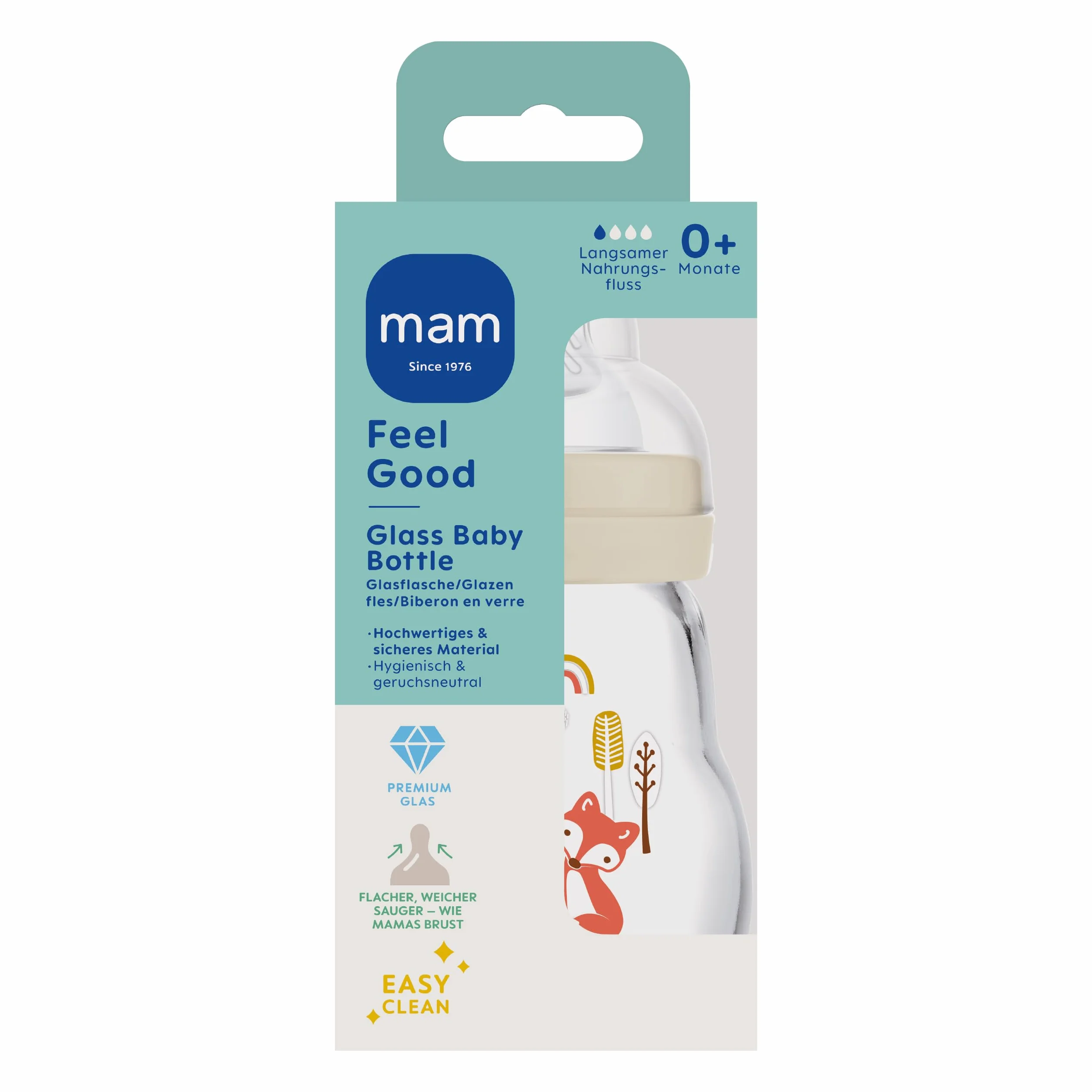 MAM Feel Good butelka dla niemowląt ze szkła 170 ml szeroki otwór stabilna przyssawka rozm. 1