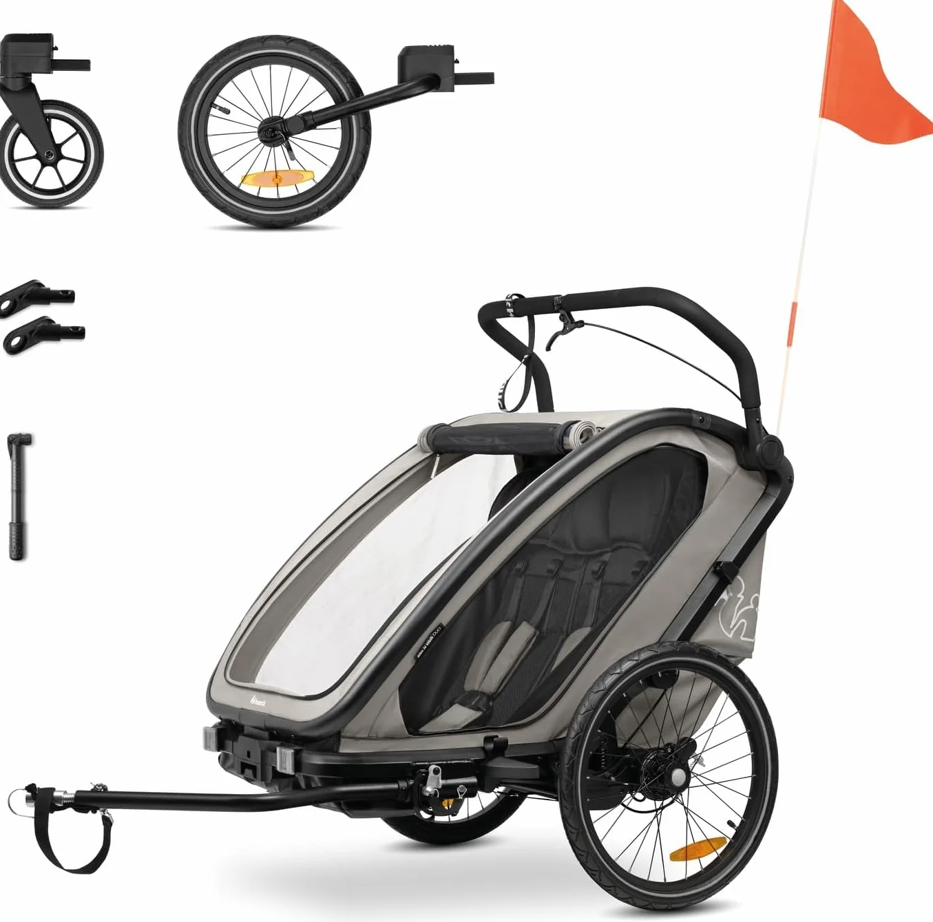 hauck Bike N Walk Duo, Light Grey, przyczepa rowerowa dla dzieci, 2 osoby, 6 miesięcy do 22 kg / 120 cm, kompletny zestaw z akcesoriami, koło do wózka, hamulec ręczny, zawieszenie, oparcie odchylane