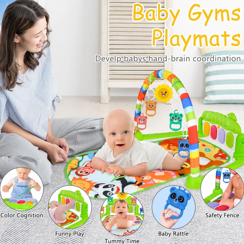 AOMIG Piano-Gym Mata Edukacyjna dla Niemowląt do Raczkowania z Muzyką i Światłami, Zielony