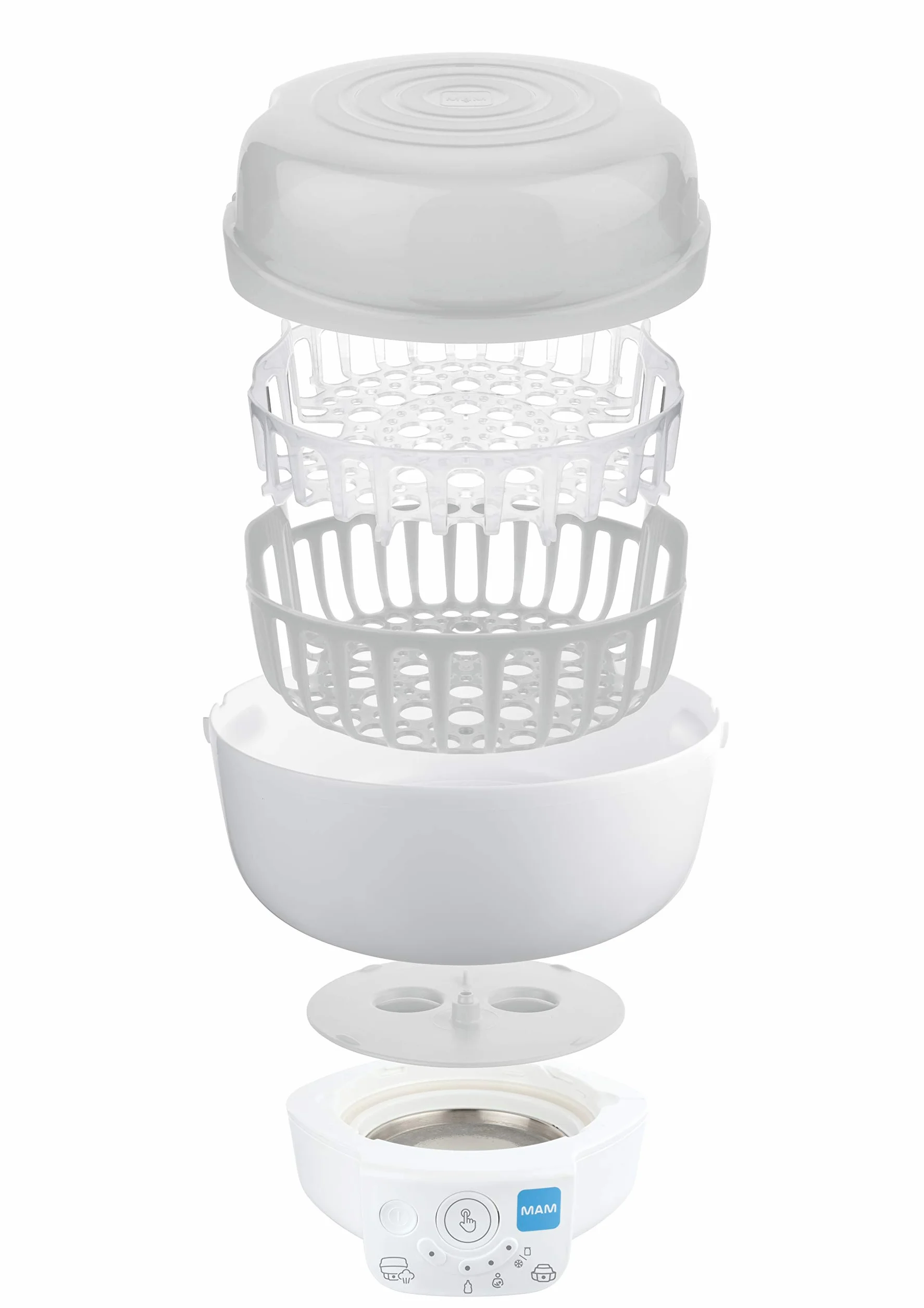 MAM Sterylizator 6 w 1 i Express podgrzewacz do napojów dla niemowląt, podgrzewacz do butelek, w zestawie 1 x butelka MAM Easy Start Anti-Colic (160 ml), 1 x smoczek MAM Start i 1 szczypce