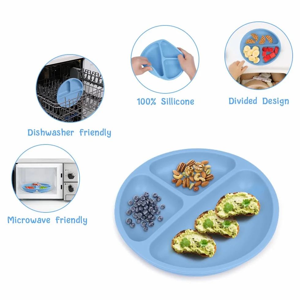 Vicloon Suction Plates, 2 Pcs Baby Toddler Plate, 100% Food Grade Silicone BPA Free Baby Plates, Divided Plate Design, Silicone Grip Dish Microwave & Dishwasher Safe