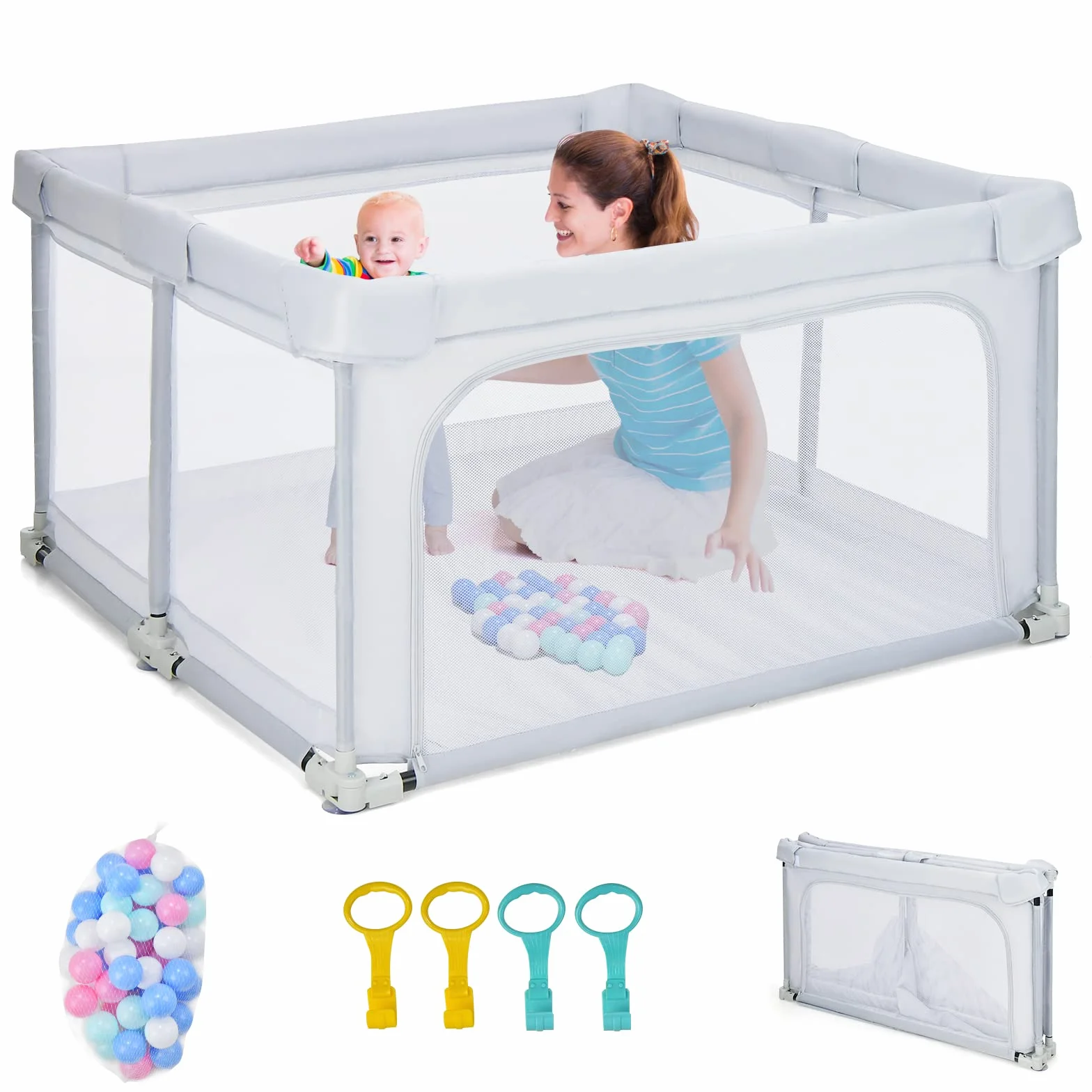 COSTWAY 124 x 124 cm Kojec dla niemowląt składany, przenośny kojec z 50 piłkami, 4 uchwytami, funkcją blokady, kratka do raczkowania z siatkowymi ściankami i drzwiczkami, koc raczkujący dla niemowląt