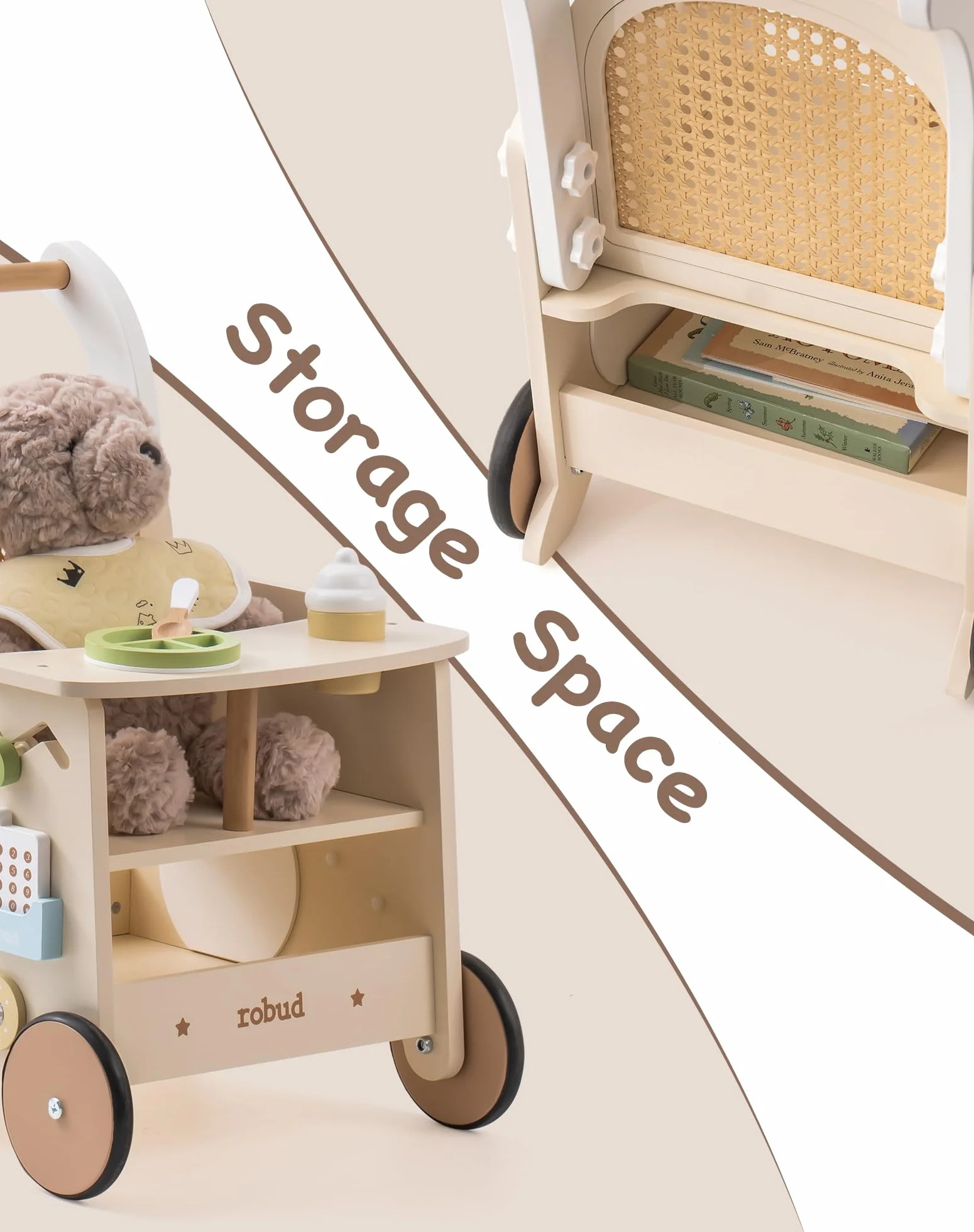 ROBUD Drewniany pomocnik do nauki chodzenia Baby Walker 2 w 1, wózek do nauki chodzenia z Montessori Busy Activity Board, hamulec bezpieczeństwa, zabawka na spacery, prezent
