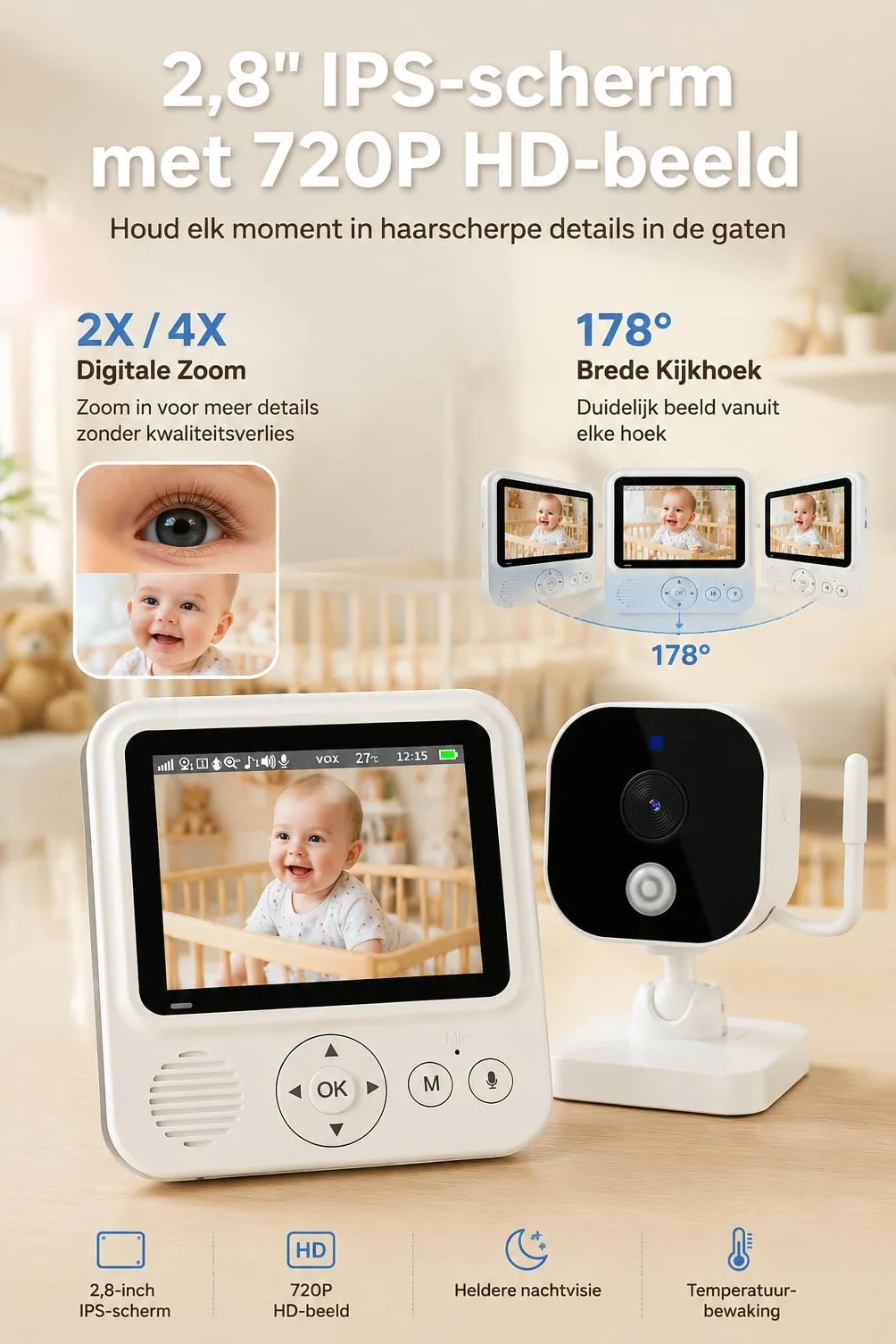 BURNNOVE Niania Elektroniczna z Kamerą, Ekran 2,8 Cala, Tryb VOX, Zoom Cyfrowy 4x, Bez Wi-Fi, Przenośna, dla Niemowląt
