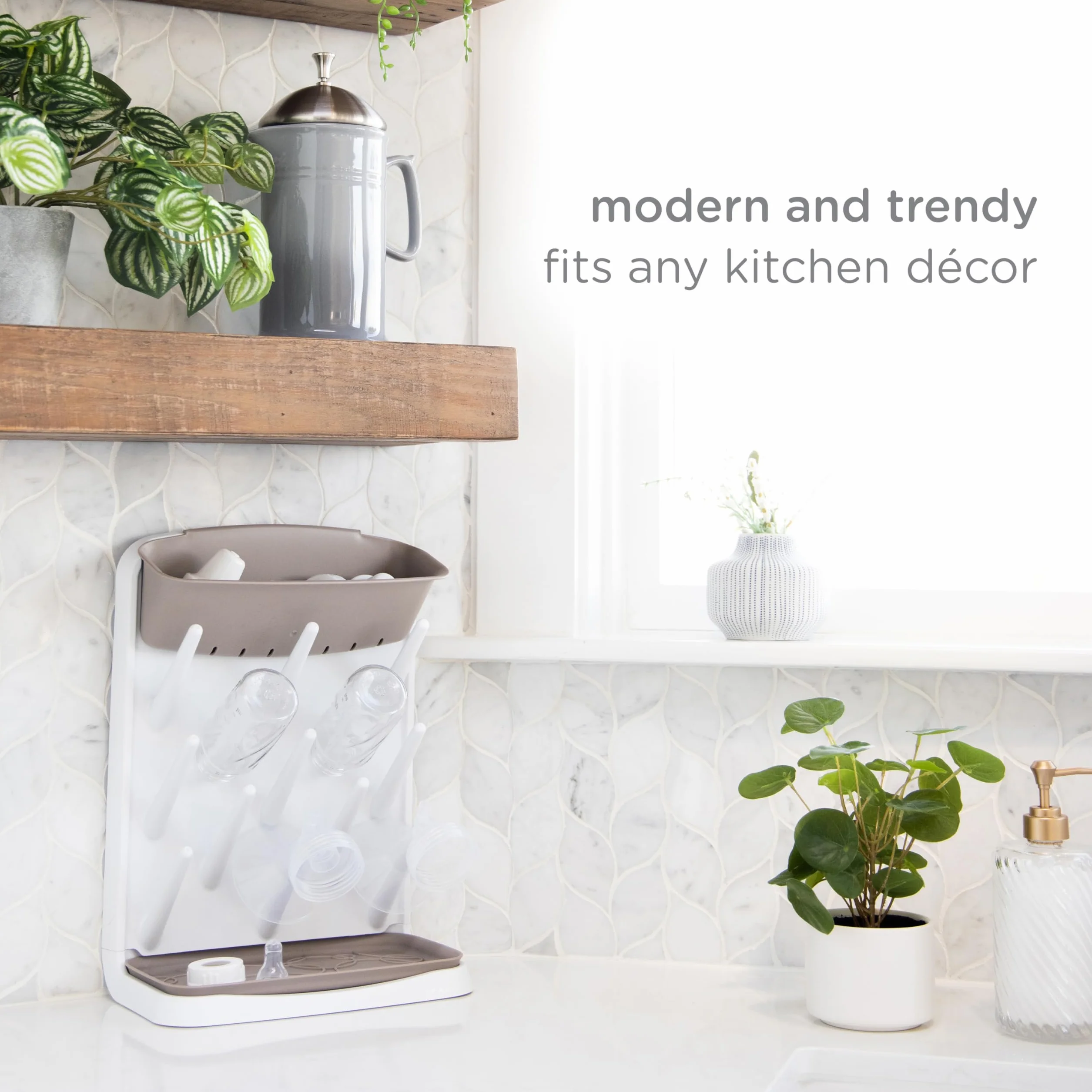 Ubbi Vertical Baby Bottle Drying Rack, Space Saving Countertop Drying Rack Baby Accessory, taupe